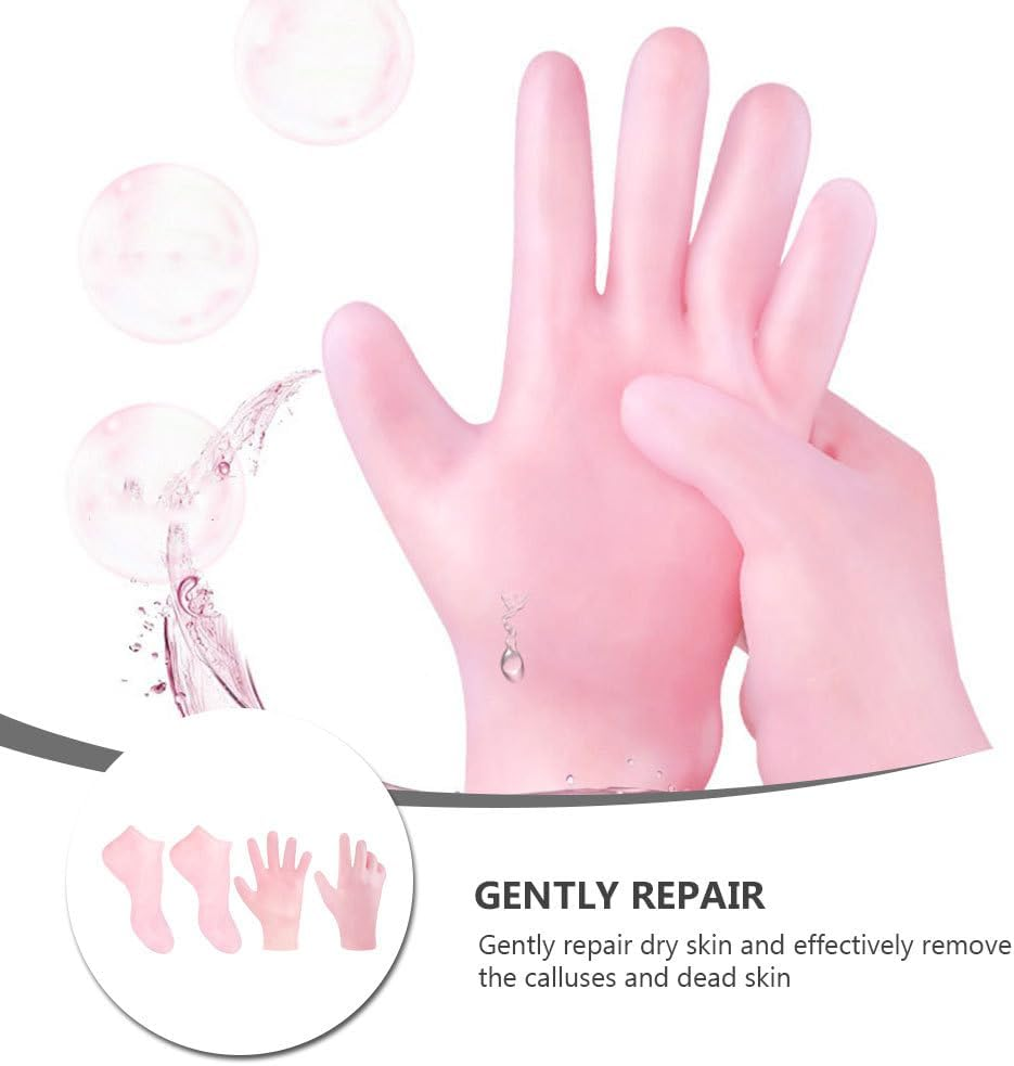 Baluue 2 Pairs Silicone Moisturizing Glove Socks Set, Silicone Gel Glove and Sock Reusable and Washablesilicone Gel Spa Socks Foot and Hand Care after Pedicure Pink image number 1