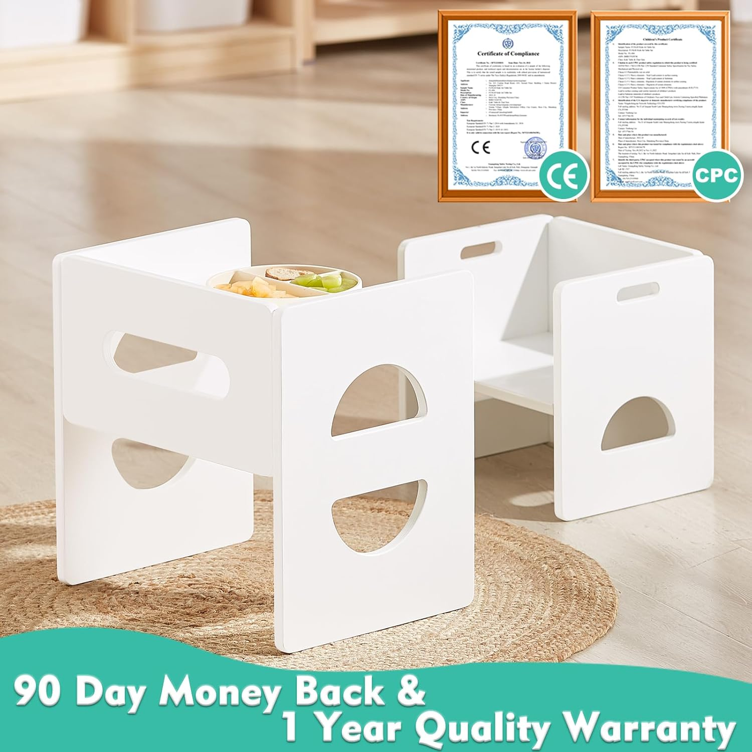 FUNLIO Height Adjustable Montessori Table and Chair Set for Age 1-3, Solid Wood Kid Table and Chair Set, Weaning Baby Table Chair Set for Reading/Eating/Playing, Easy to Assemble - White image number 3