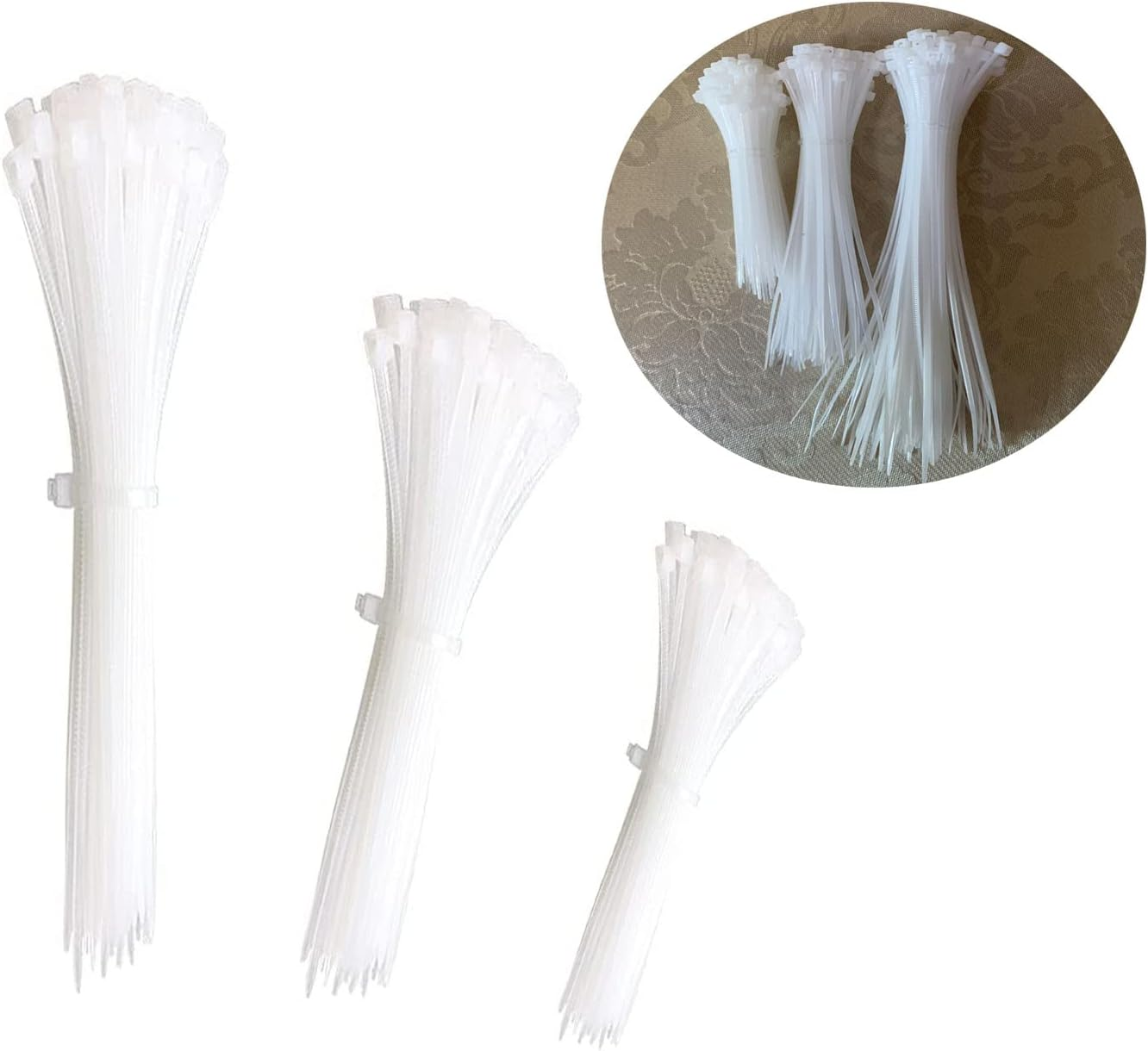 300Pcs Heavy Duty Zip Ties, White Nylon Self-Locking Cable Ties, High-Strength Assorted Sizes for Outdoor & Indoor Use (4"+6"+8") image number 2