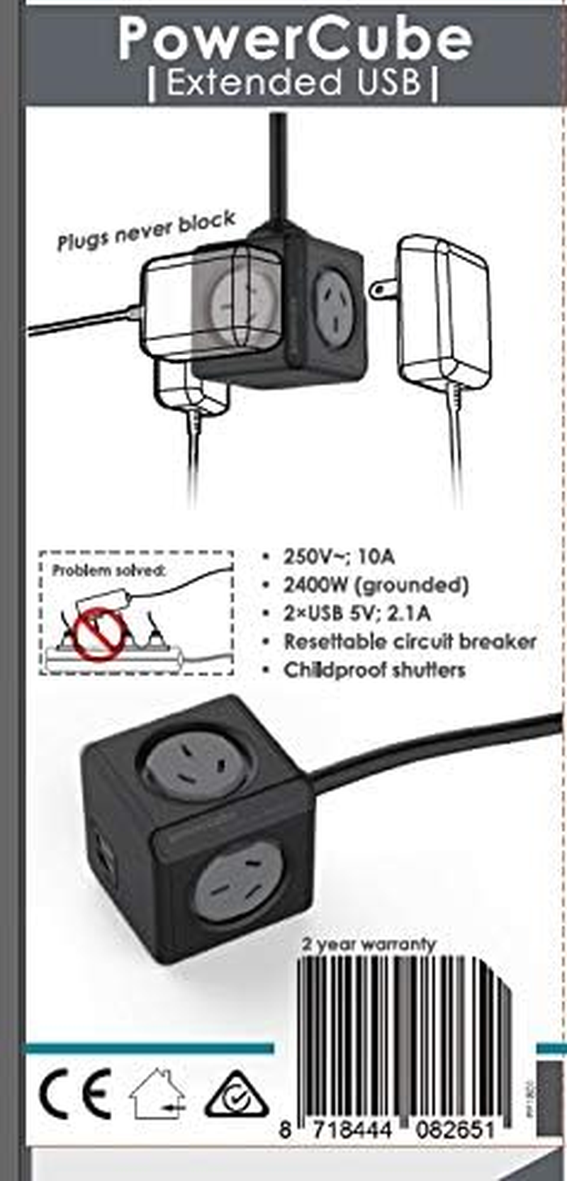 Allocacoc 5400AUEUPCBLACK Extended 4 Outlets Powercube with 2 USB 1.5 Meter Extension Cord, Black