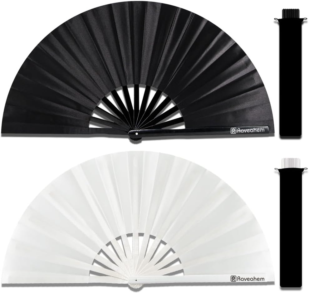 Raveahem 2 Pack Large Folding Hand Fans, Bamboo Handheld Rave Fan Wedding Fan Bamboo Frame Thickened Smooth Fabric for Cooling Decoration Women Men Gril Boy Gift, 13.8" Red - Black image number 7