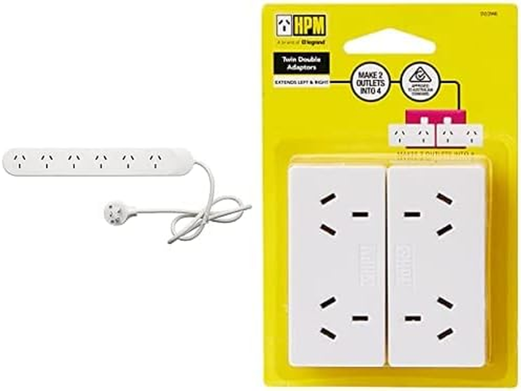 HPM Standard 6 Outlet Powerboard White + D2/2WE Left and Right Extend 10A 2400W Double Adaptor 2-Pieces, White