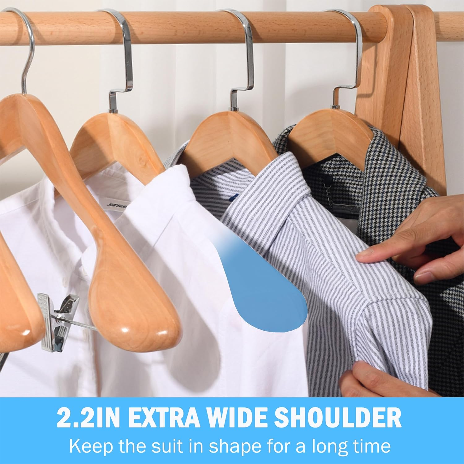 Wide Shoulder Wooden Suit Coat Hangers, 12 Pack Heavy Duty Wood Clothes Hangers with Non-Slip Bars, Smooth Finish and 360&deg; Swivel Hooks for Suit,Coat,Jacket,Pants (4) image number 5