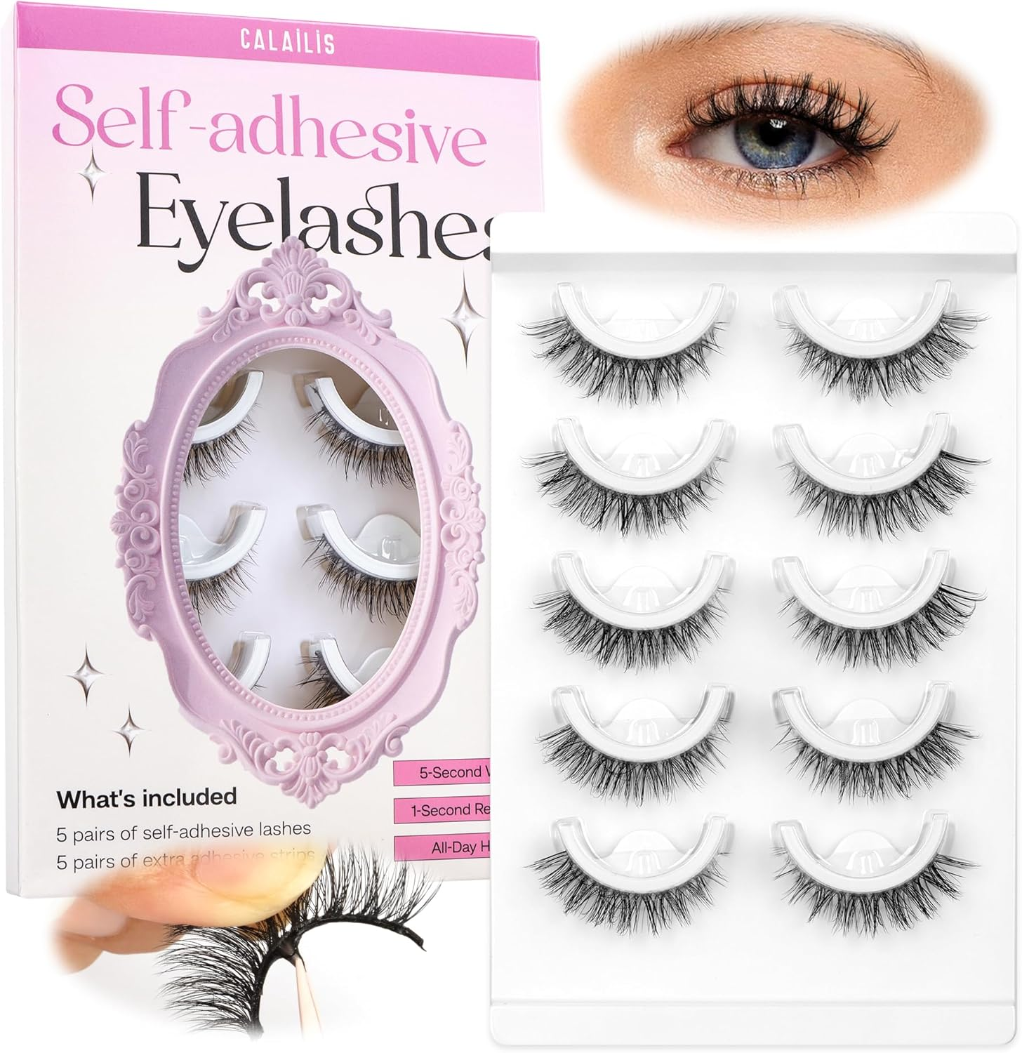 CALAILIS Self-Adhesive Eyelashes, 5 Pairs, Natural Look, Press-On False Eyelashes, No Glue, Reusable, Cat Eye, Wispy, Pre Glued Fake Lashes with Replacement Adhesive Strips (C001) image number 2