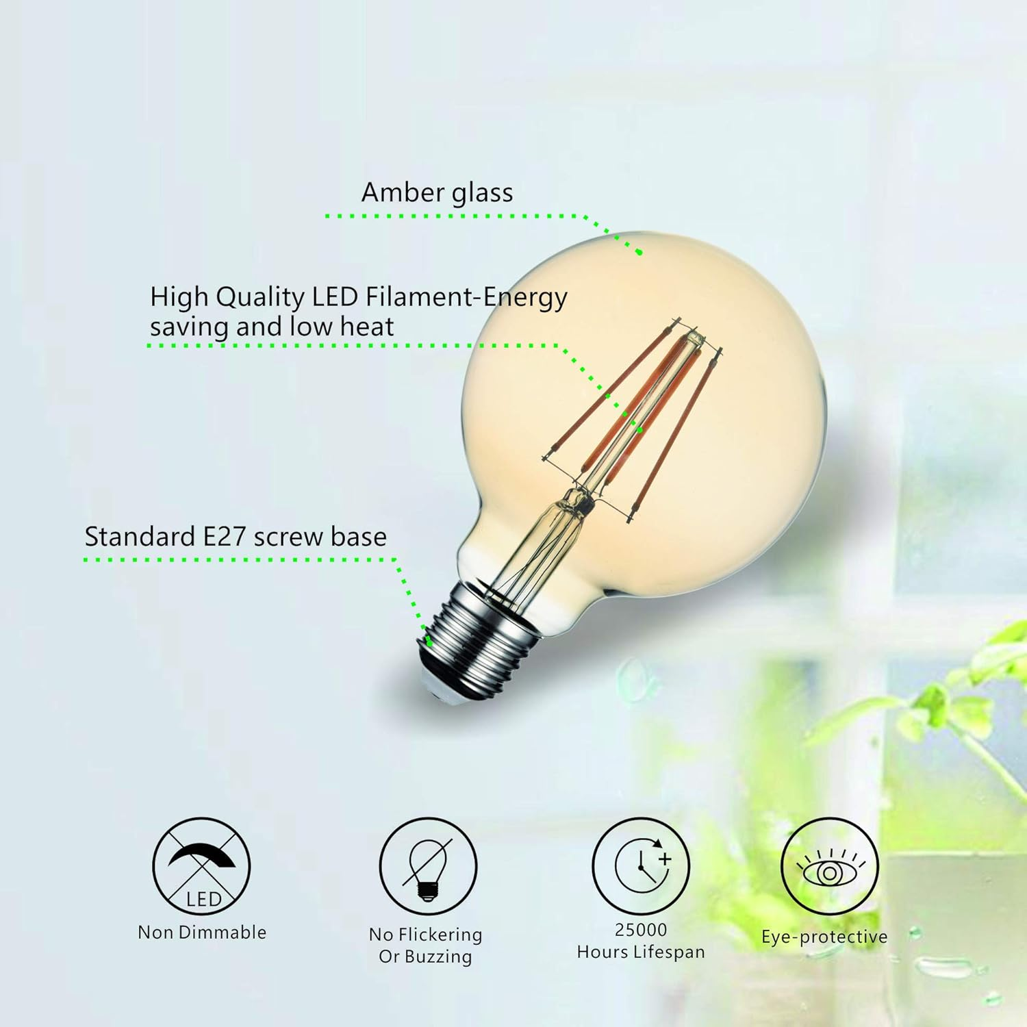 SD LUX LED Light Bulb Base E27 Globe G95, 8 W 850 Lumen Filament Bulbs, Replaces 75 W Filament Bulb, 2700 K Warm White Bulbs, Screw Edison Lamp, Not Dimmable, Pack of 2 (Amber) image number 3