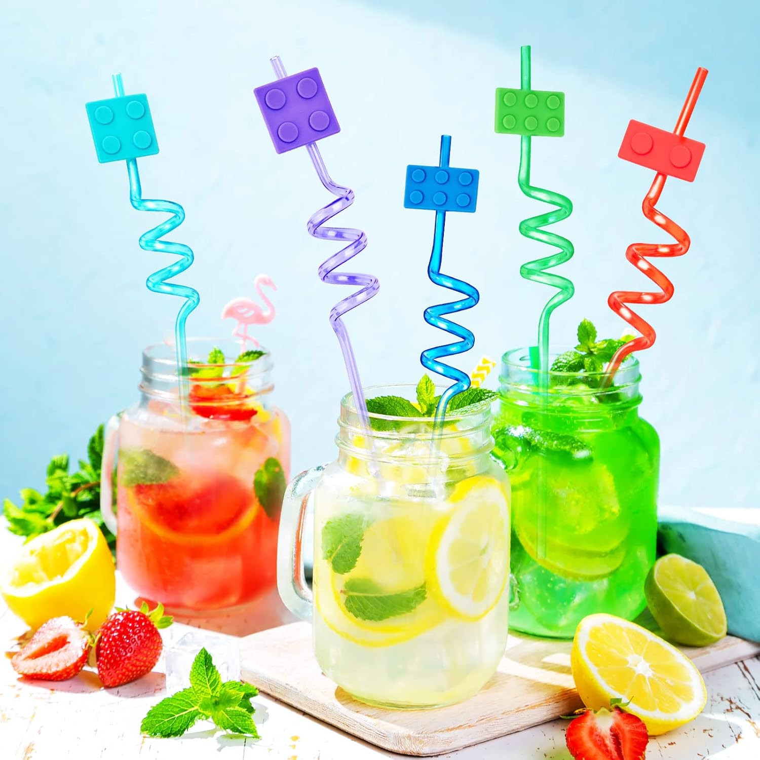 24 Pcs Building Blocks Party Favors Drinking Straws, 8 Colors Reusable Straws for Kids Adults Birthday Party Decoration Supplies with 2 Pcs Straws Cleaning Brush image number 6