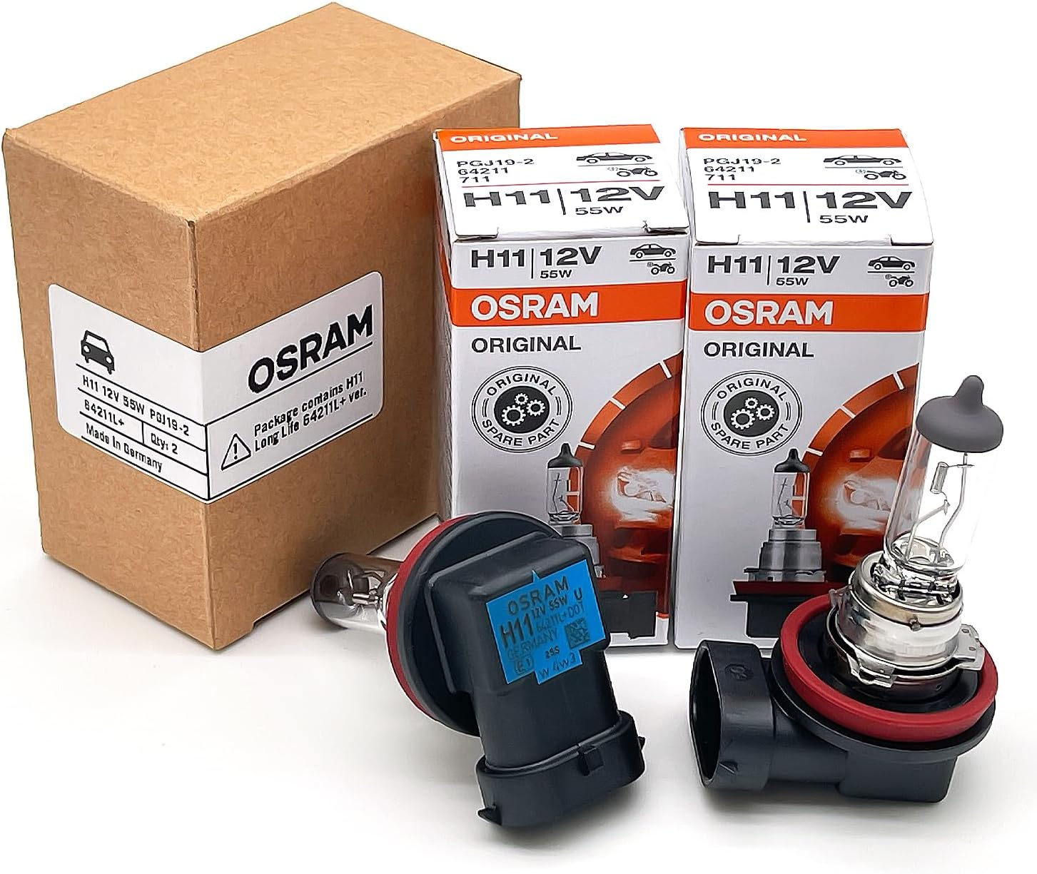 OSRAM H11 OEM Original Standard Halogen Headlight Bulbs 12V 55W 64211L+ (Long Life) Made in Germany | Pack of 2