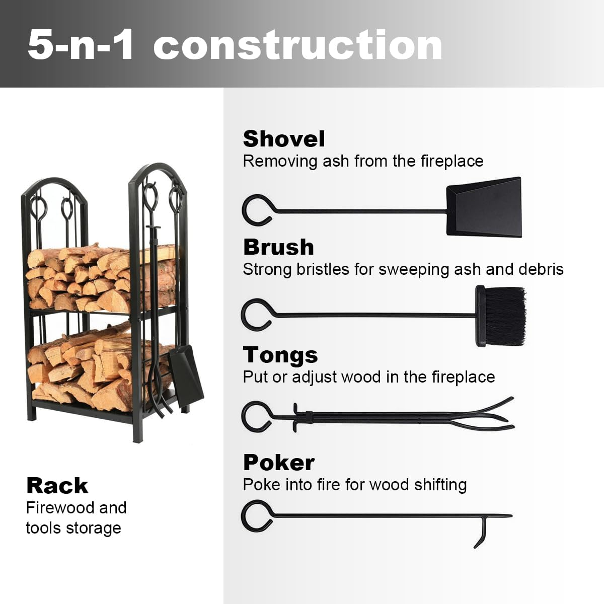 Firewood Rack with 4 Tools Set - Heavy Duty Steel Log Holder Includes Poker, Brush, Shovel & Tongs | Rust-Resistant Indoor/Outdoor Use (73Cm X 30Cm X 45Cm) image number 1
