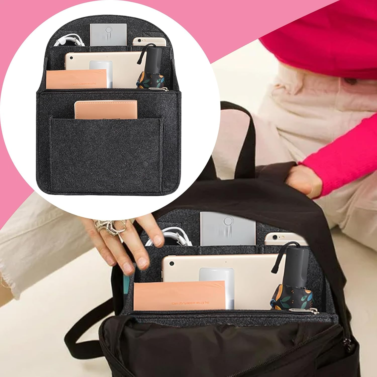 -Organizer, Insert Organizer | Felt Storage Bag Wallet Organizer,Travel Backpack Insert,Multi-Pocket Organizer Liner for Shoulder Bag image number 4