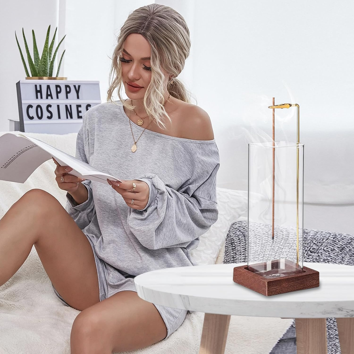 Incense Holder Wooden, Brass Incense Burner Holder with Removable Glass Ash Catcher Incense, Upside-Down Ash Catcher for Yoga Spa Meditation Home Decor