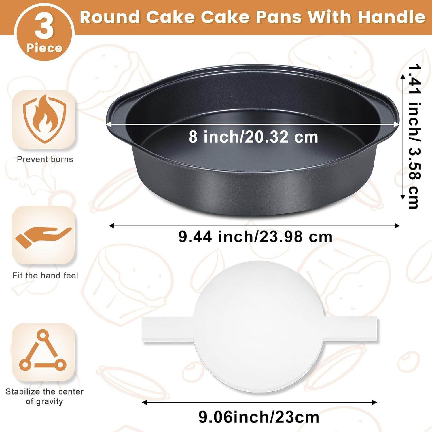 BEWOS 8 Inch round Cake Tin Set of 3 - Heavy Duty Carbon Steel Cake Pan with Handles, Non-Stick, Oven & Dishwasher Safe, Includes 100 Parchment Papers for Easy Release image number 4