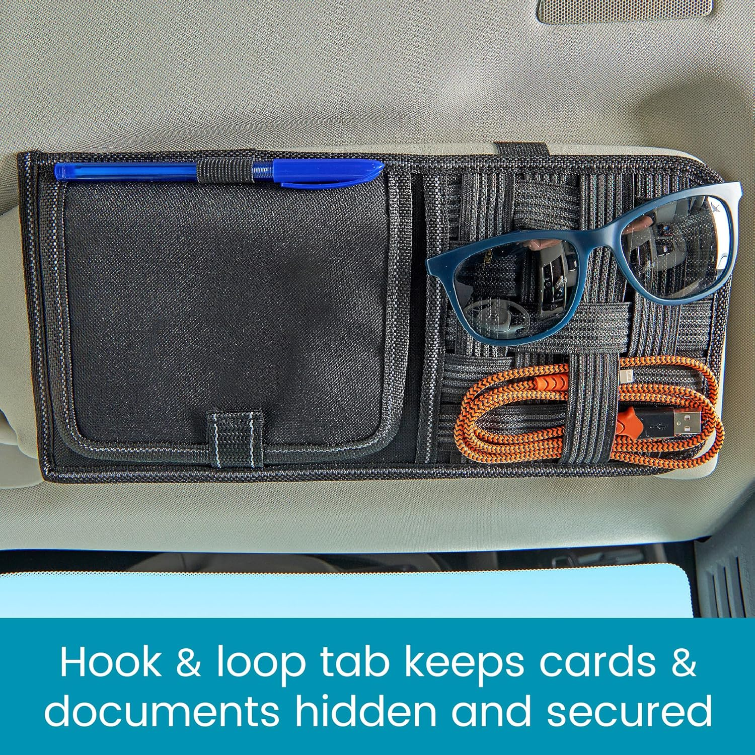 High Road Car Sun Visor Organizer with Hidden Insurance and Registration Pocket, Unbreakable Mirror and Molle Storage Panel for Sunglasses and Driving Essentials image number 5