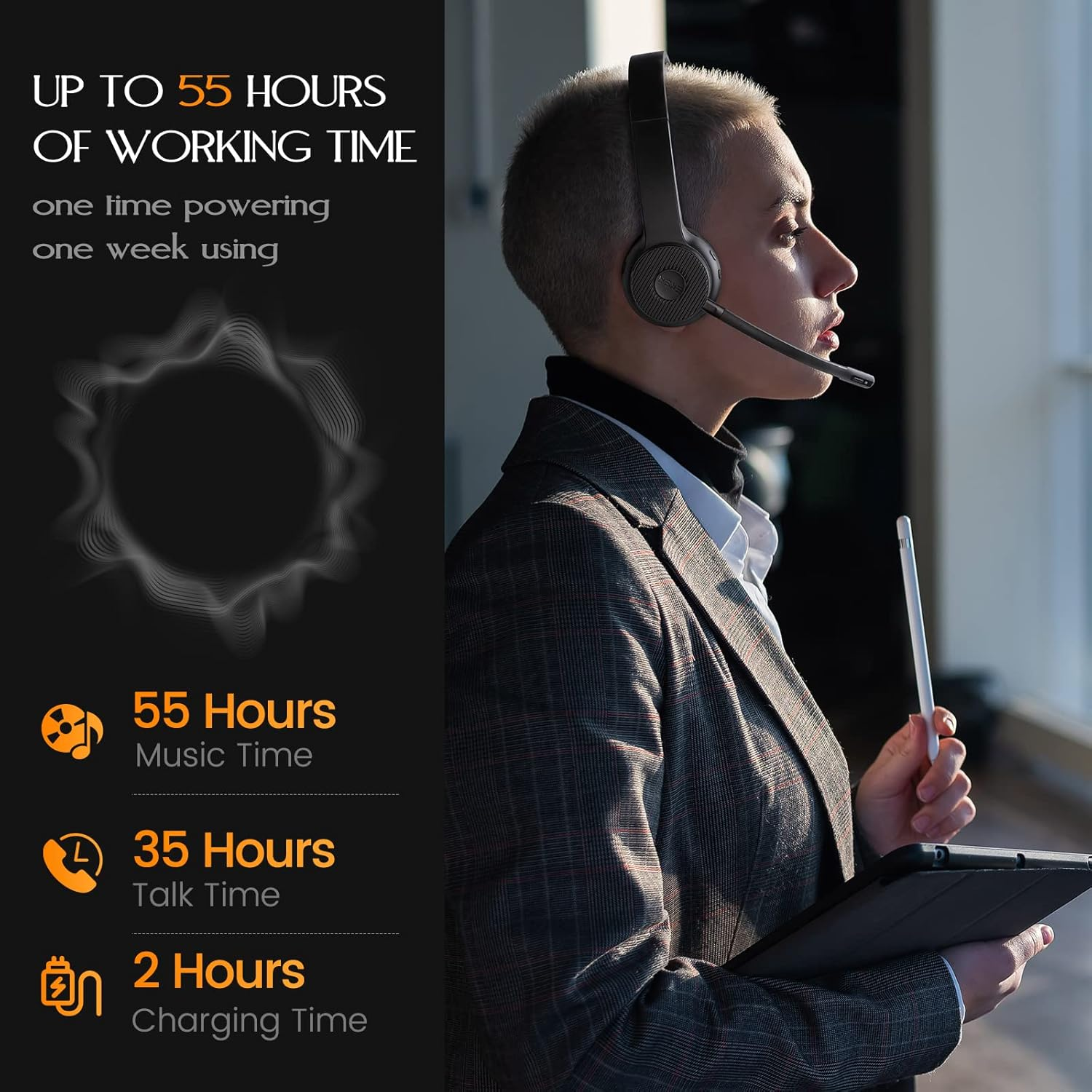 EKSA Wireless Headset, Bluetooth 5.2 Headset with Noise Cancelling Microphone & USB Dongle, 55H Playtime on Ear Headphone for Home Office, Remote Work, Call Center, Suitable for Phone PC Laptop Tablet image number 2