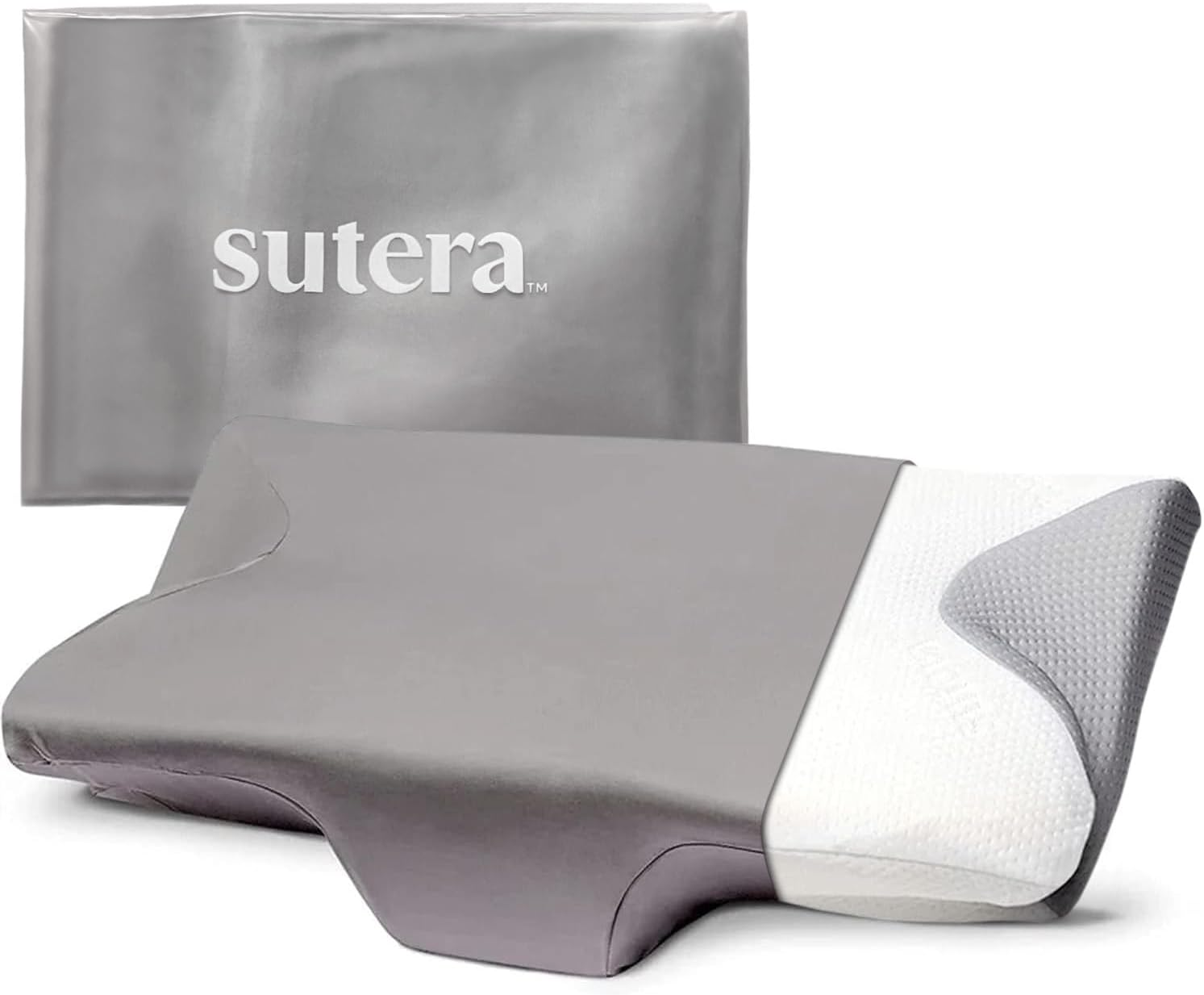 SUTERA - Contour Memory Foam Pillow for Sleeping, Orthopedic Cervical Support for Neck, Shoulder and Back Pain Relief, Ergonomic Pillow for Side, Back and Stomach Sleepers, Washable Cover - White +Bag