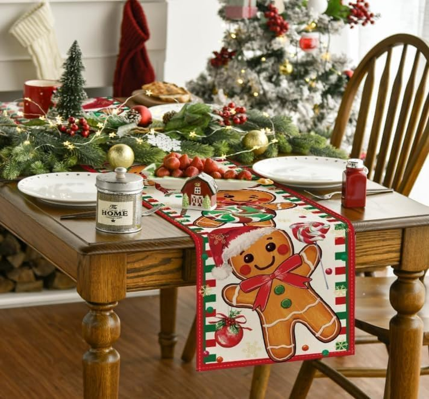Table Runners Gingerbread Candy Cane Christmas Decor, Winter Kitchen Dining Table Decoration for Home Party 13X72 Inch &ndash; Red
