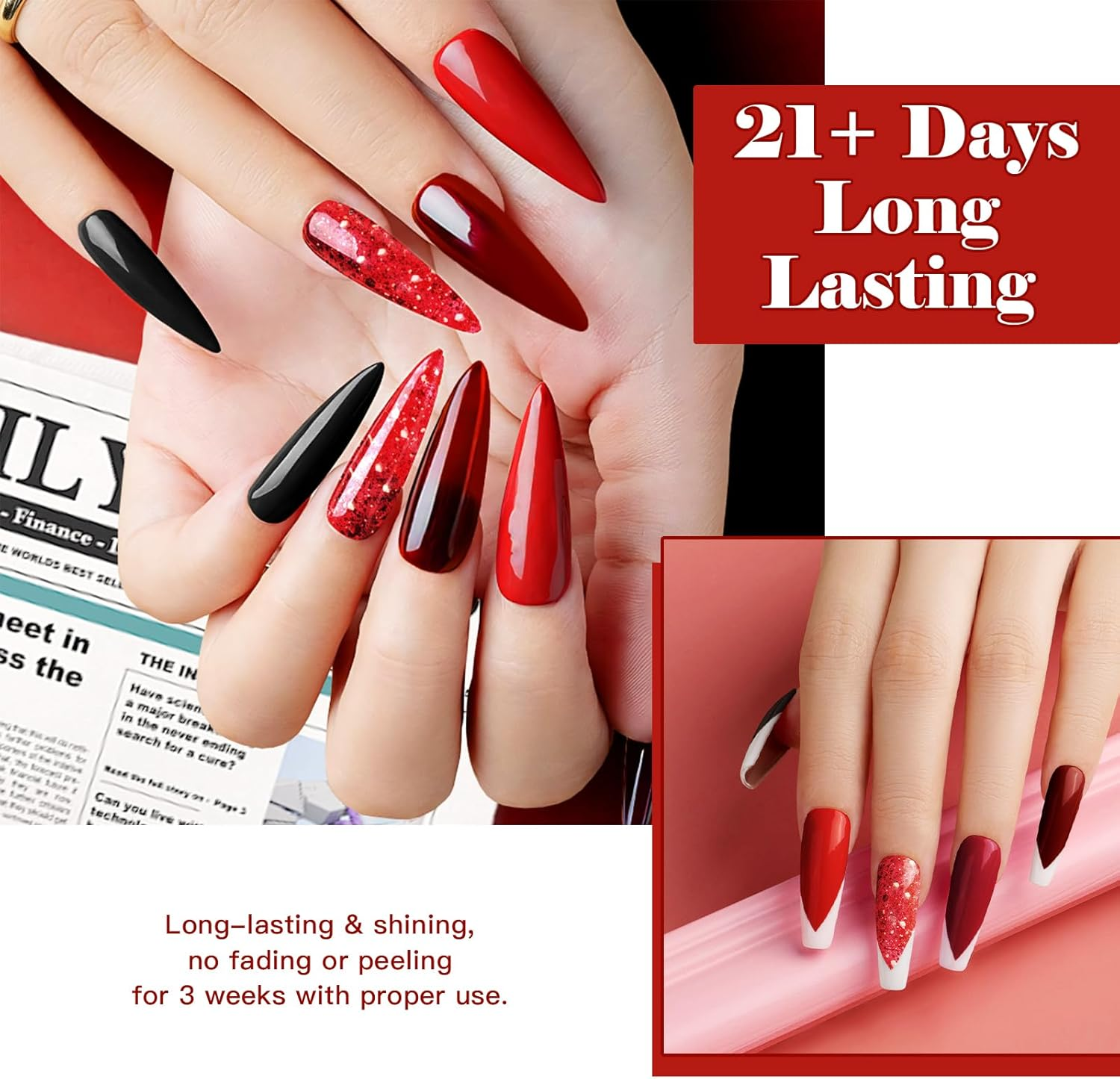 Madenia Gel Nail Polish Set: 6 Colours Red Burgundy Glitter Nail Polish Set Soak off UV/LED, Quick Drying Nail Varnish Nail Art DIY Manicure Salon & Home for Women, 8.5ML - Black image number 3