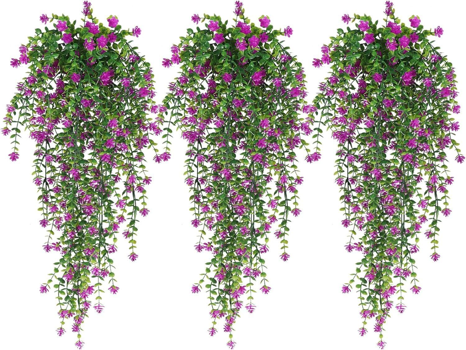 AU7042-3 2 Artificial Hanging Flowers Eucalyptus UV Protection Fake Plants Vine Hanging Flowers Plastic Green Home Garden Wedding Party Indoor and Outdoor Decoration Red (Excluding Plates)