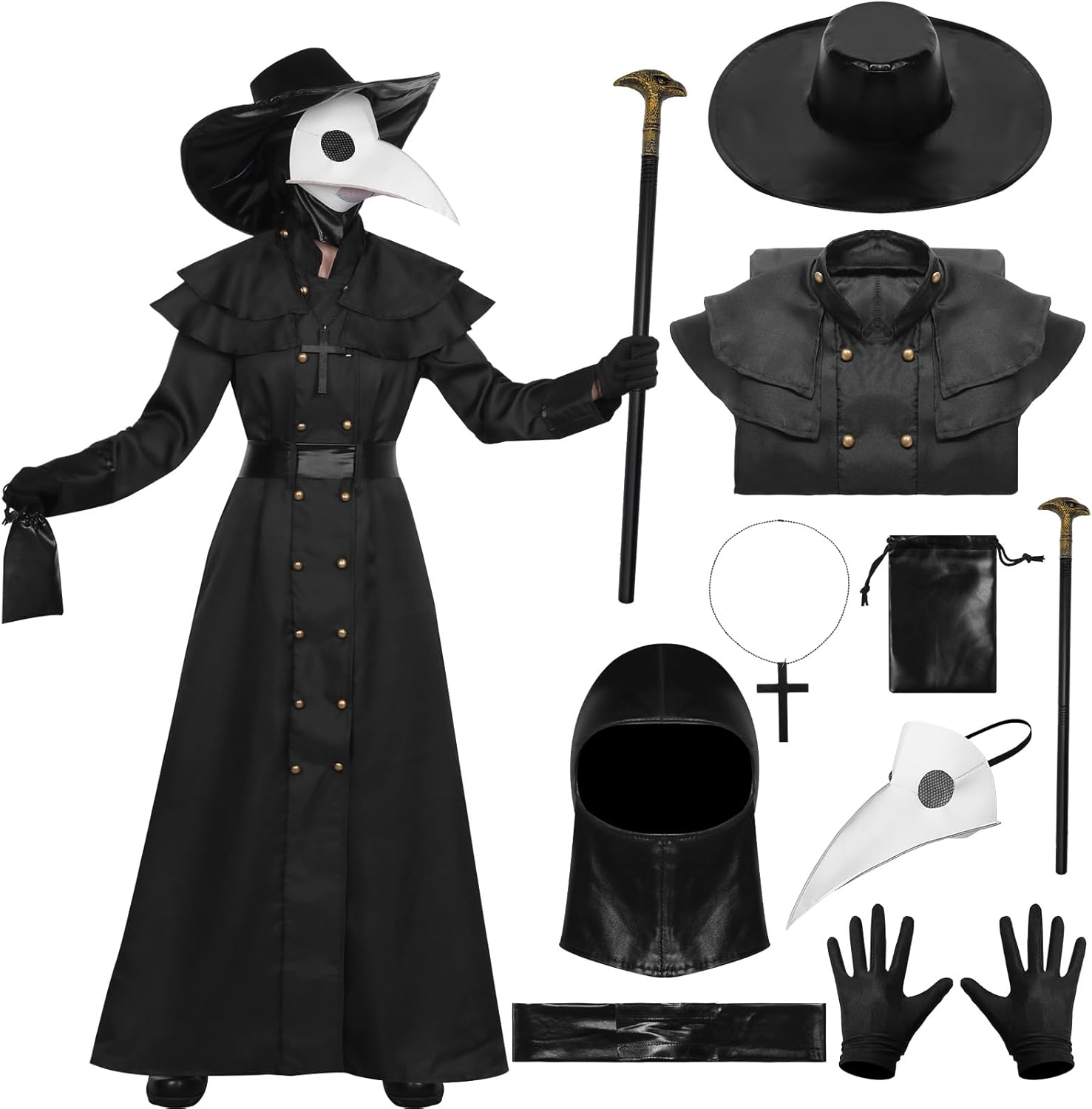 Plague Doctor Costume Set Halloween Props Medieval Monk Priest Renaissance Cosplay Mask Cloak Robe Cane Hat image number 6