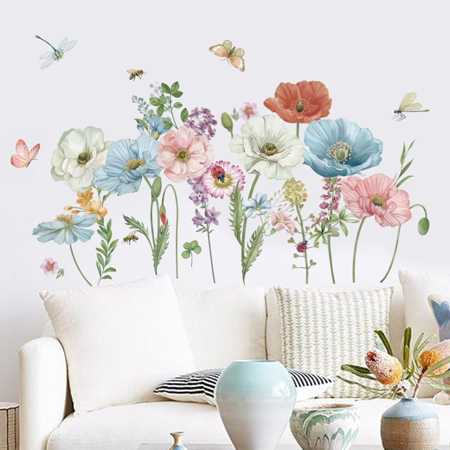 Wondever Watercolor Poppy Floral Wall Stickers Garden Flower Peel and Stick Wall Art Decals for Bedroom Living Room TV Wall