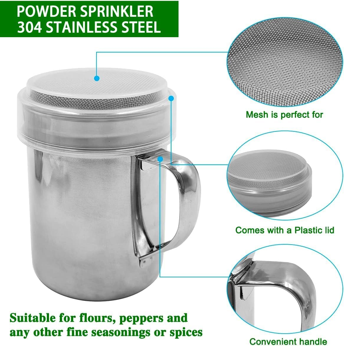 Sugar Bowl Duster with Handle, 2 Pieces Stainless Steel Powder Bottles for Sugar Pepper Cinnamon Flour with Printed Mold Template Fine Large Grid image number 2