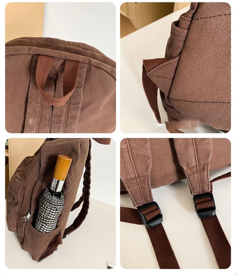 KAOBIO Vintage Y2K Aesthetic Canvas Backpack for Women Men Casual Grunge Laptop Backpack Hippie 2025 Trendy Daypack Rucksack, Army Green, Classic - Brown image number 2