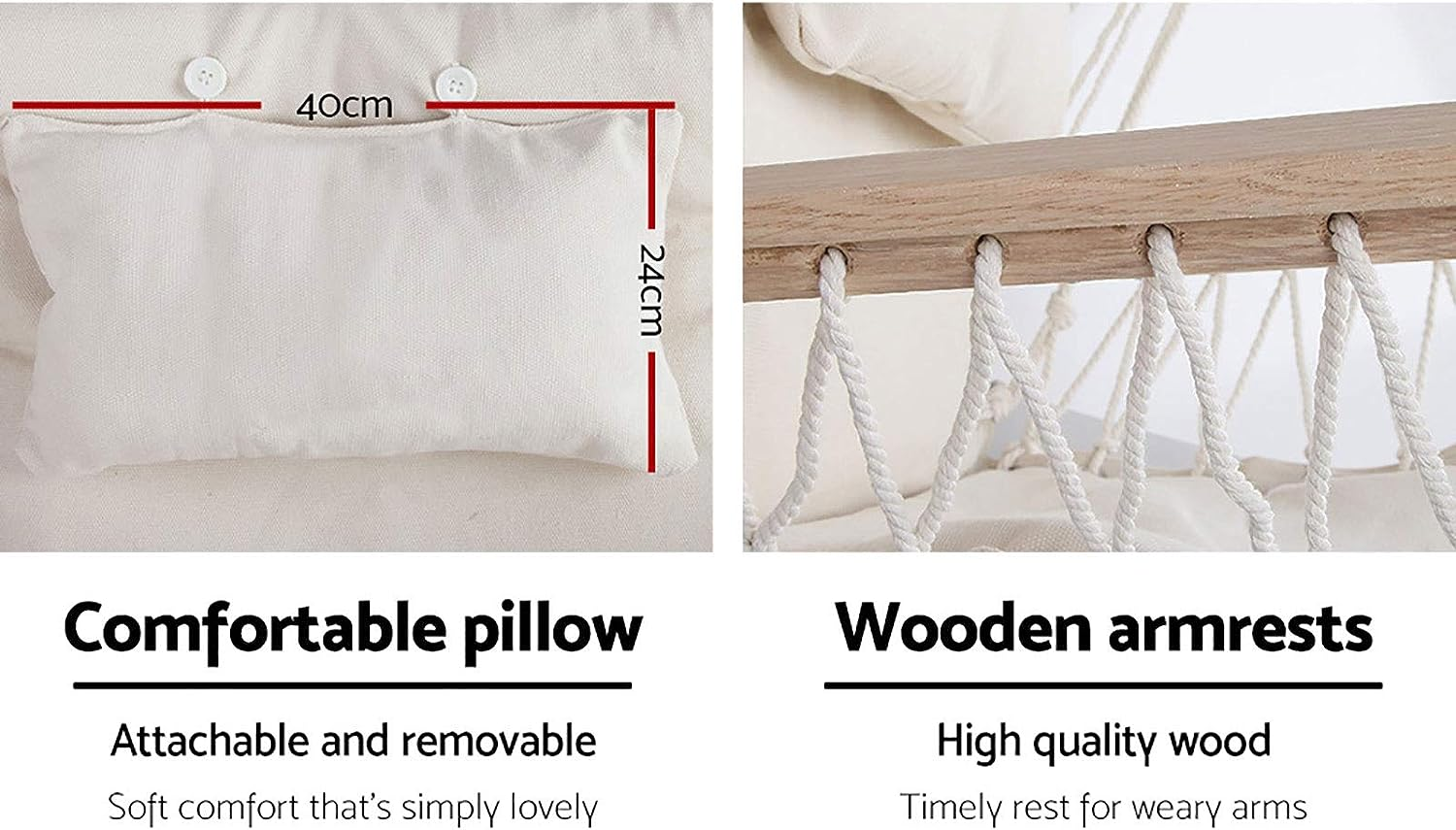 Gardeon Hammock, Cotton Chair Portable Camping Swing Hanging Chairs Hammocks Patio Backyard Porch Outdoor Indoor Furniture, with Solid Timber Armrest 120Kg Capacity Cream