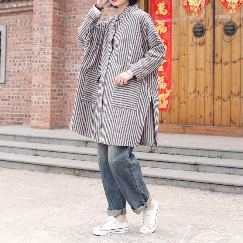 Women'S Vintage Linen Cotton Long Shirt Loose Fit Striped Tops with Pockets image number 1