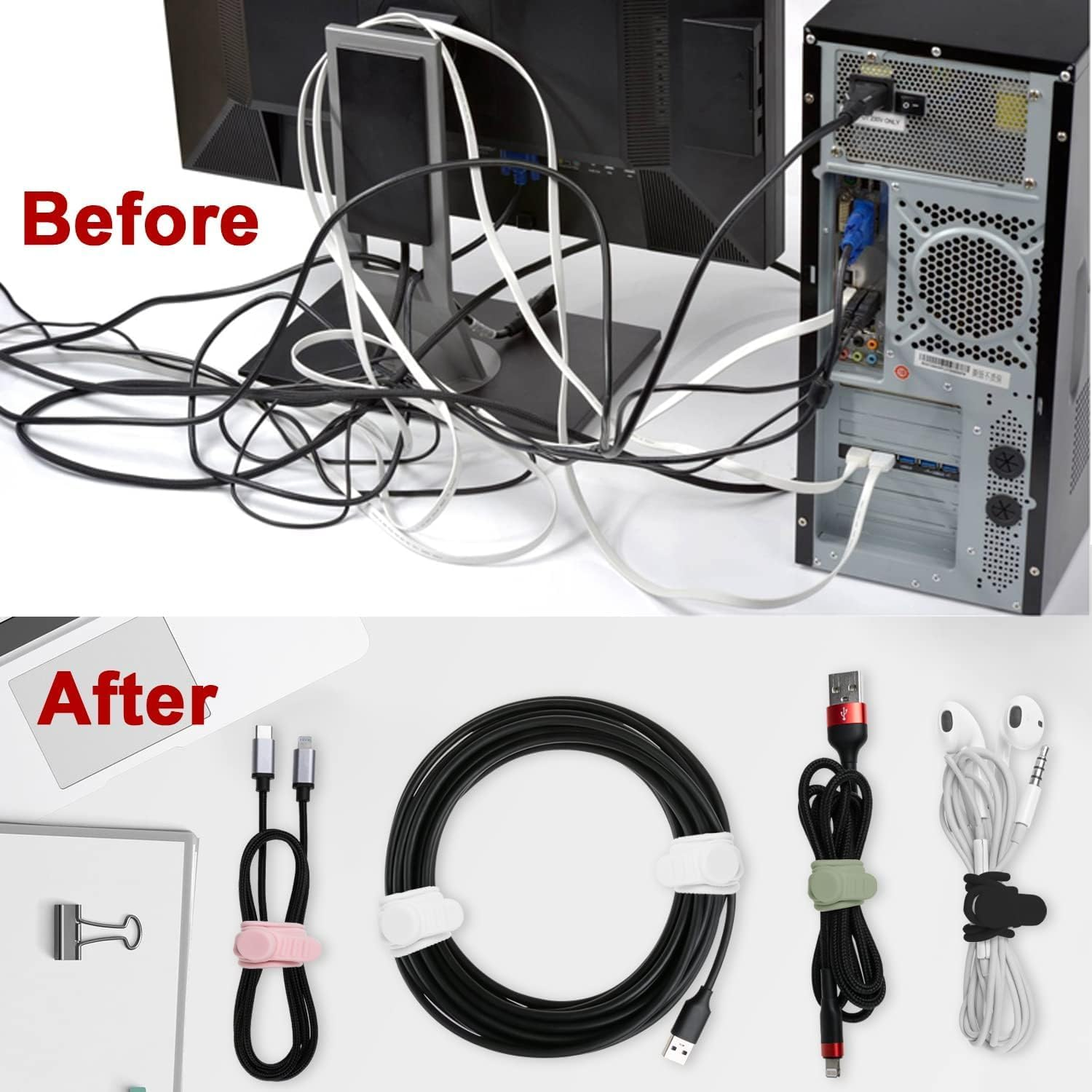 36Pcs Silicone Cable Straps Wire Organizer for Earphone, Phone Charger, Mouse, Audio, Computer, Reusable Cable Ties Cord Organizer(6Colors) image number 2