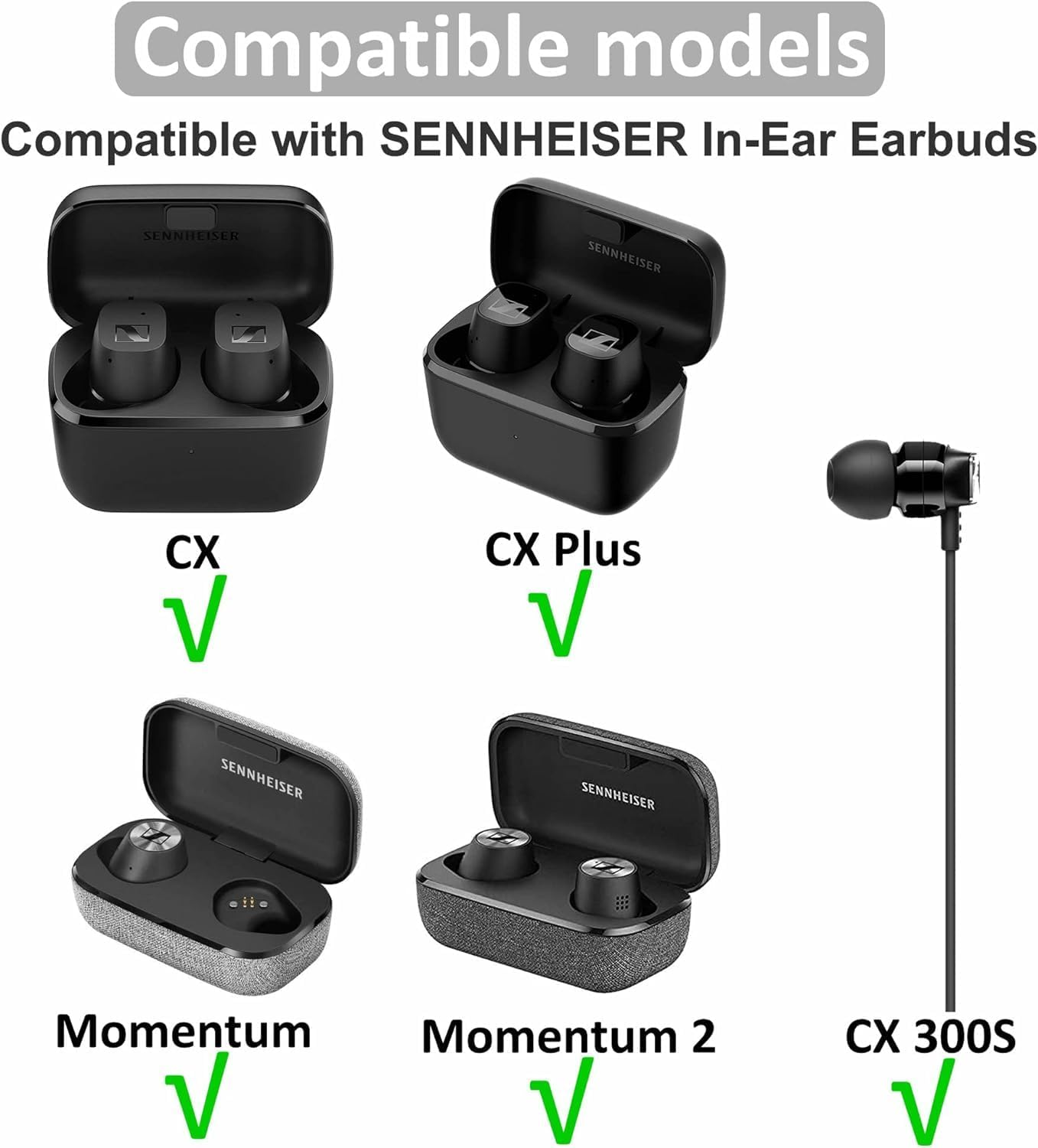 16Pcs Compatible with Sennheiser CX Plus/Momentum 2 Ear Tips, CX 3.00 CX 5.00 CX 6.00 CX 7.00 Replacement Soft Flexible Silicone Eartips Earbuds Accessories Compatible with Sennheiser CX 300S (Black) image number 4