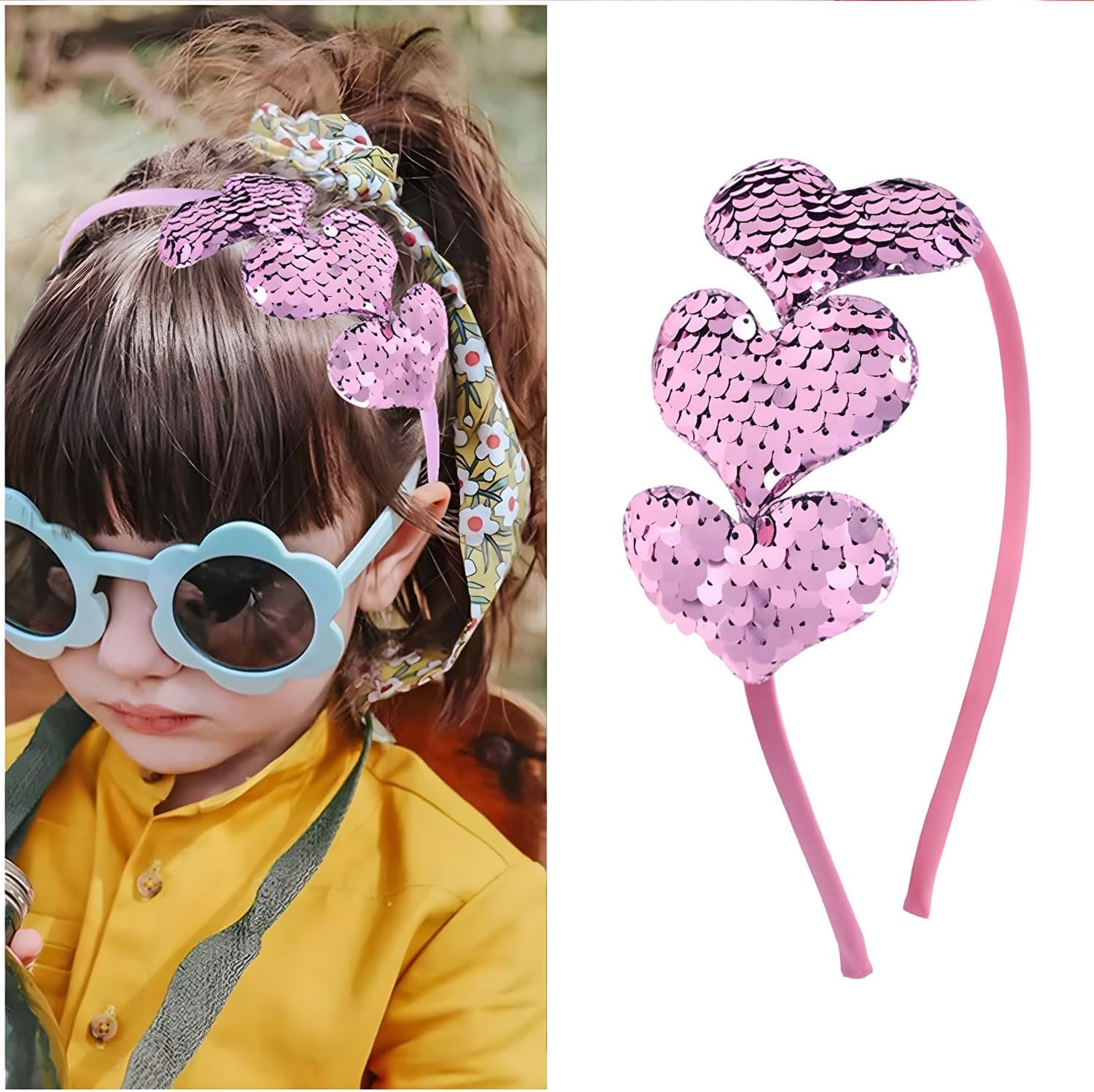 HATOTO Valentines Day Heart Headband Pink Sequins Hair Band,3 Glitter Love Hearts Hair Accessories for Women Girls Kids, Birthday New Year Wedding Party Costumes Headdress Decoration Hair Hoop - Style 1 image number 5