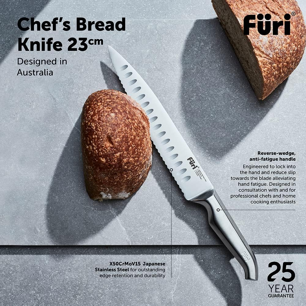 Furi Pro Chef'S Bread Knife 23Cm, 9 1/16", Long Stainless Steel Blade with Rounded Serrations for Effortlessly Slicing Large Loaves without Tearing, Reverse-Wedge Handle, 25-Year Guarantee, Silver image number 5