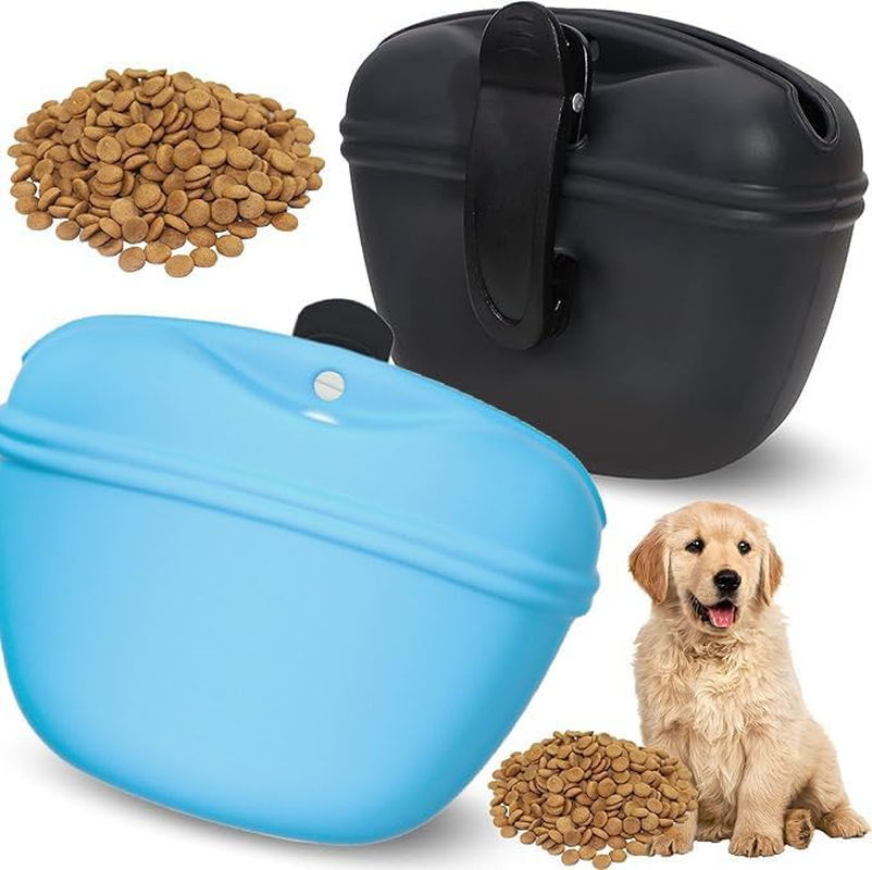 2PCS Dog Treat Pouch,Silicone Pet Feeding Bag Pouch Portable Dog Treat Bags with Puppy Reward Training Pouch with Magnetic Closing and Waist Clip for Belt for Dog Walks (Black+Sky Blue) - Light Blue+Royal Blue image number 5