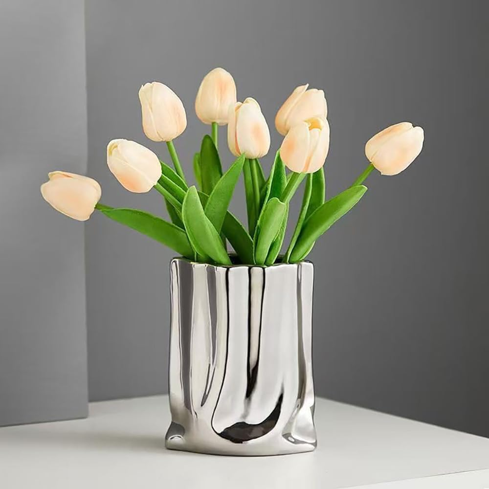 Hbluefat Fake Flowers with Vase, Silk Tulip Artificial Flowers in Flat Ceramics Vase, Small Faux Flower Arrangement for Home Office Decoration, Dining Table Centerpiece (Sunset Red,Silver)