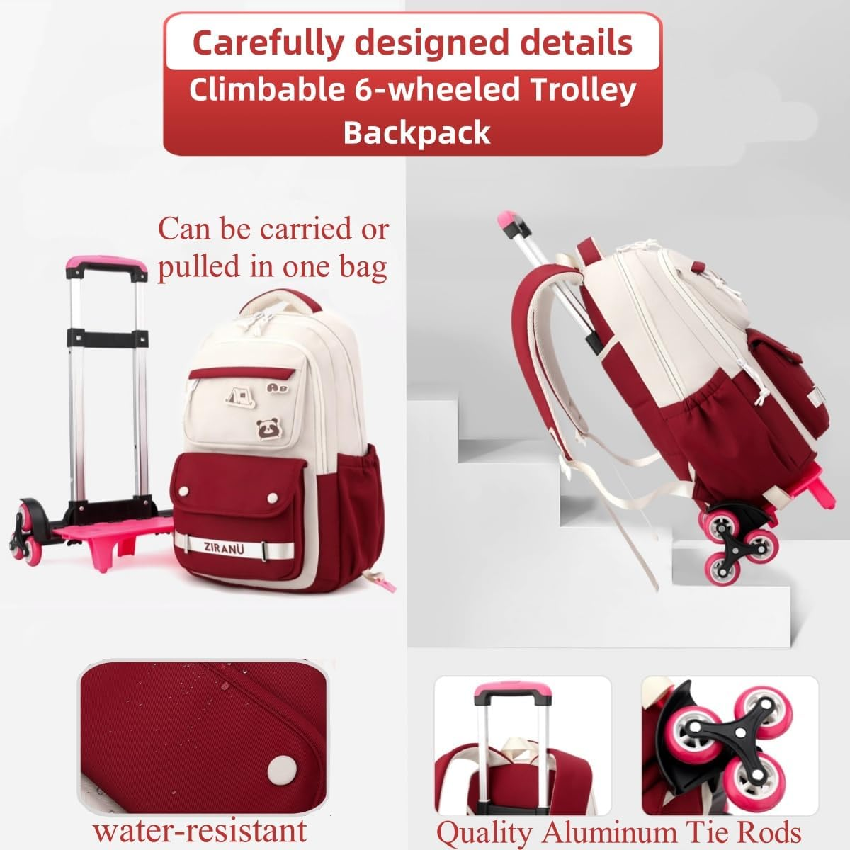 EKUIZAI Trolley Backpack for Girls Middle Kids School Bags with Wheels Rolling School Bags for Teen Girls image number 7