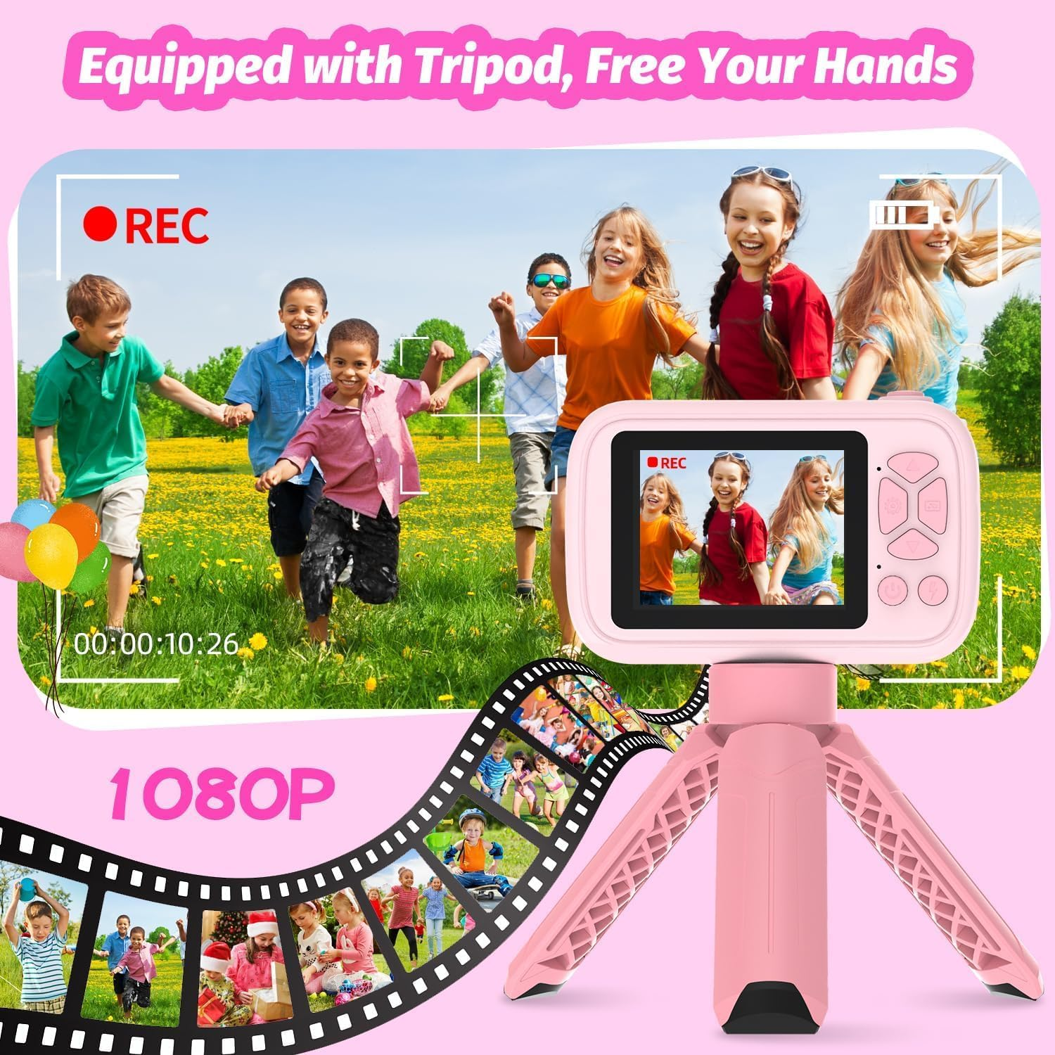 ZONEY Kids Camera Toys,Children'S Camera with Flip-Up Lens for Selfie & Video, 32G 1080P HD Digital Camera with Flash Lamp, Video Recorder, Birthday Gifts for Boys Girls (Pink) image number 3