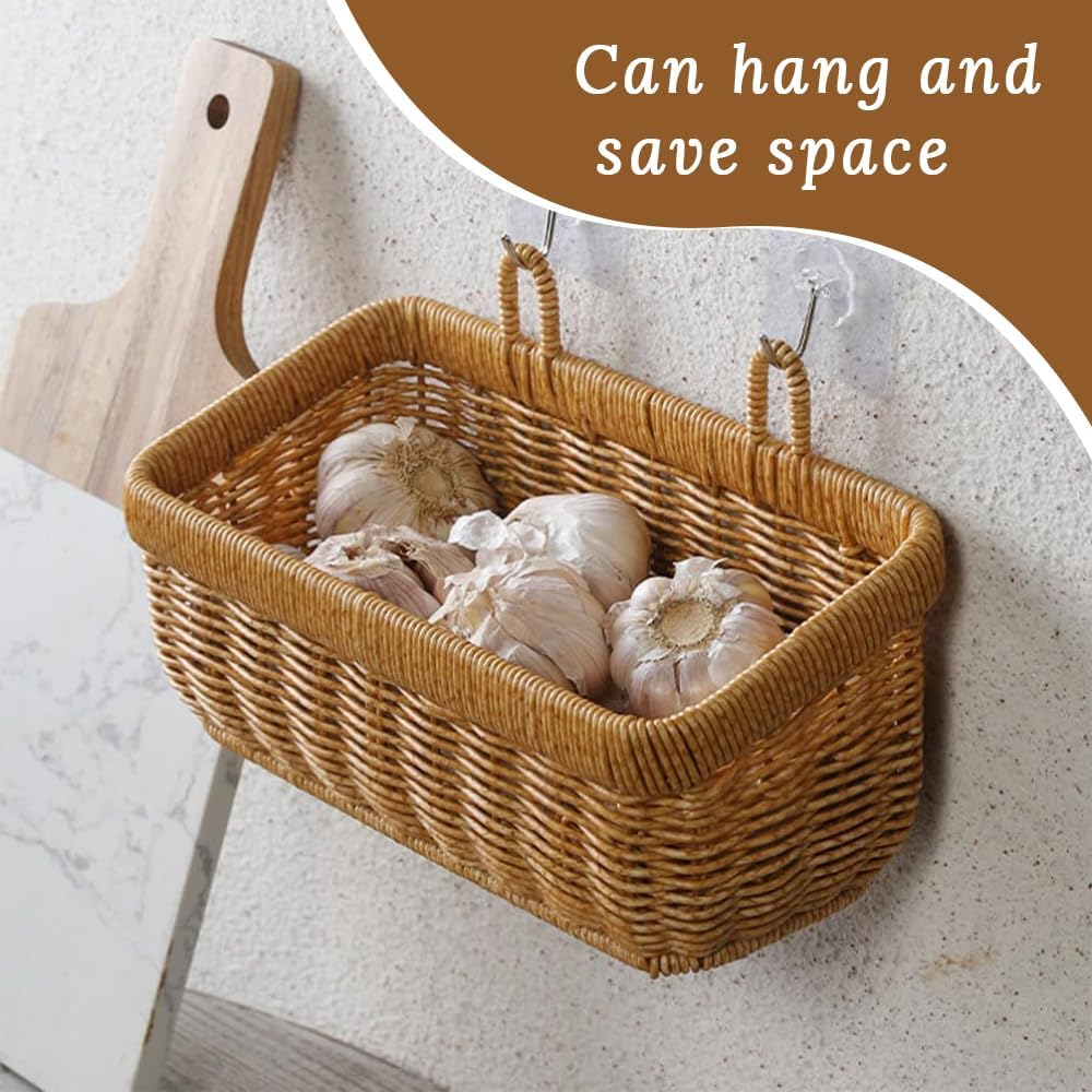 2 Pack Wall Hanging Basket, Imitation Rattan Woven Storage Rack,Storage for Fruits, Snacks, Sundries, Seasonings, Flowers,For Indoor Outdoor Wall, Home Room, Garden, Wedding Decoration image number 1