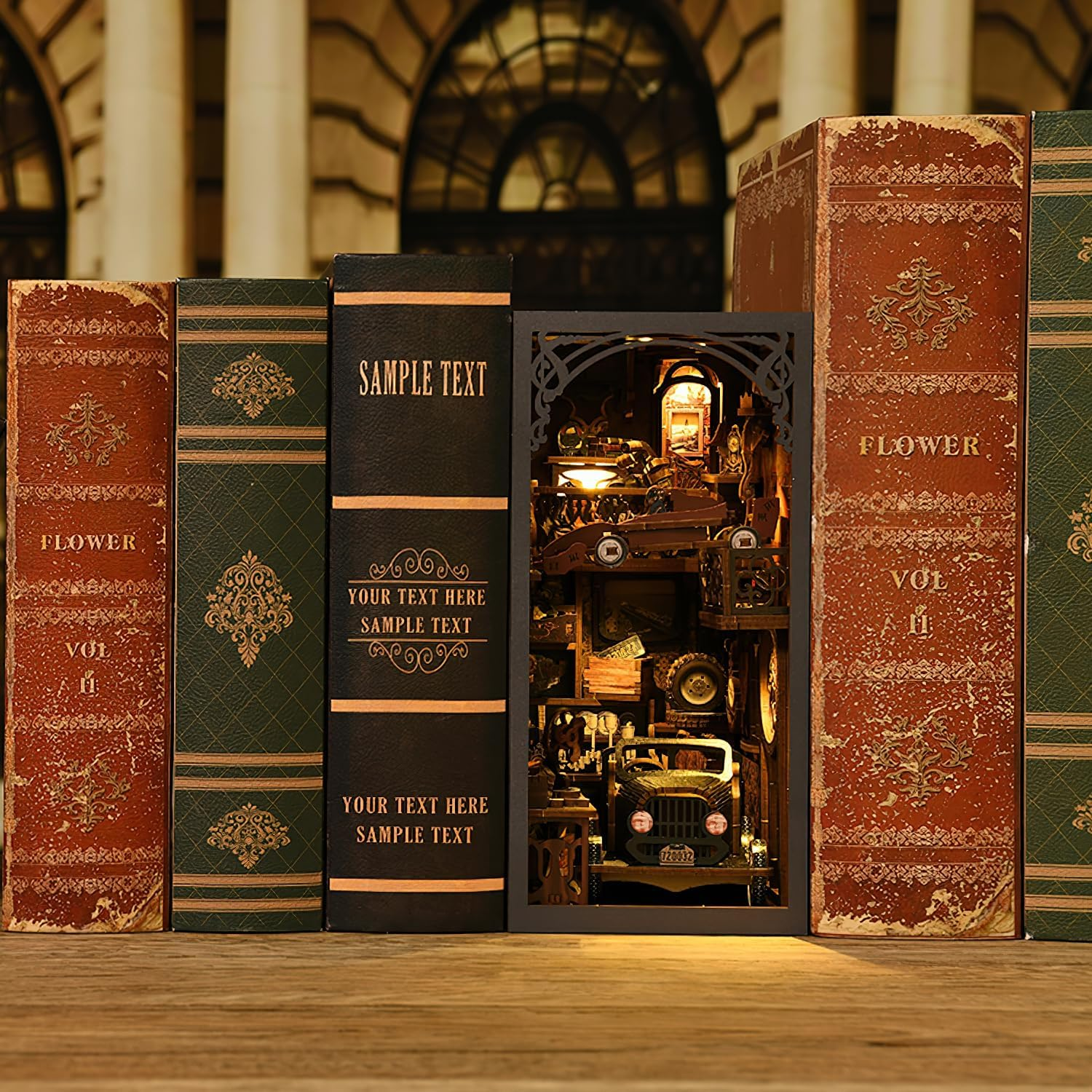 Ysityum Book Nook Kit, 3D DIY Wooden Puzzle Dollhouse Kit for Adults & Teens, Book Nook Bookshelf Insert Decoration Bookend Miniature Kit with Sensor Light Creative Craft Home Decor, Vintage Car