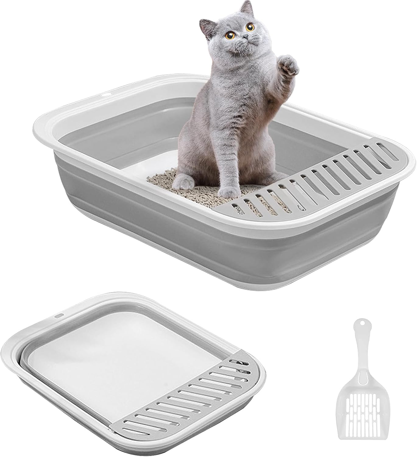 Flat Cat Litter Tray, Foldable Cat Litter Tray with Shovel, 45 X 34 X 12.5 Cm, Cat Litter Tray Low with Rim, Cats, Travel Toilet, Cat Litter Tray Flat, Foldable Flat Cat Litter Tray (Grey)