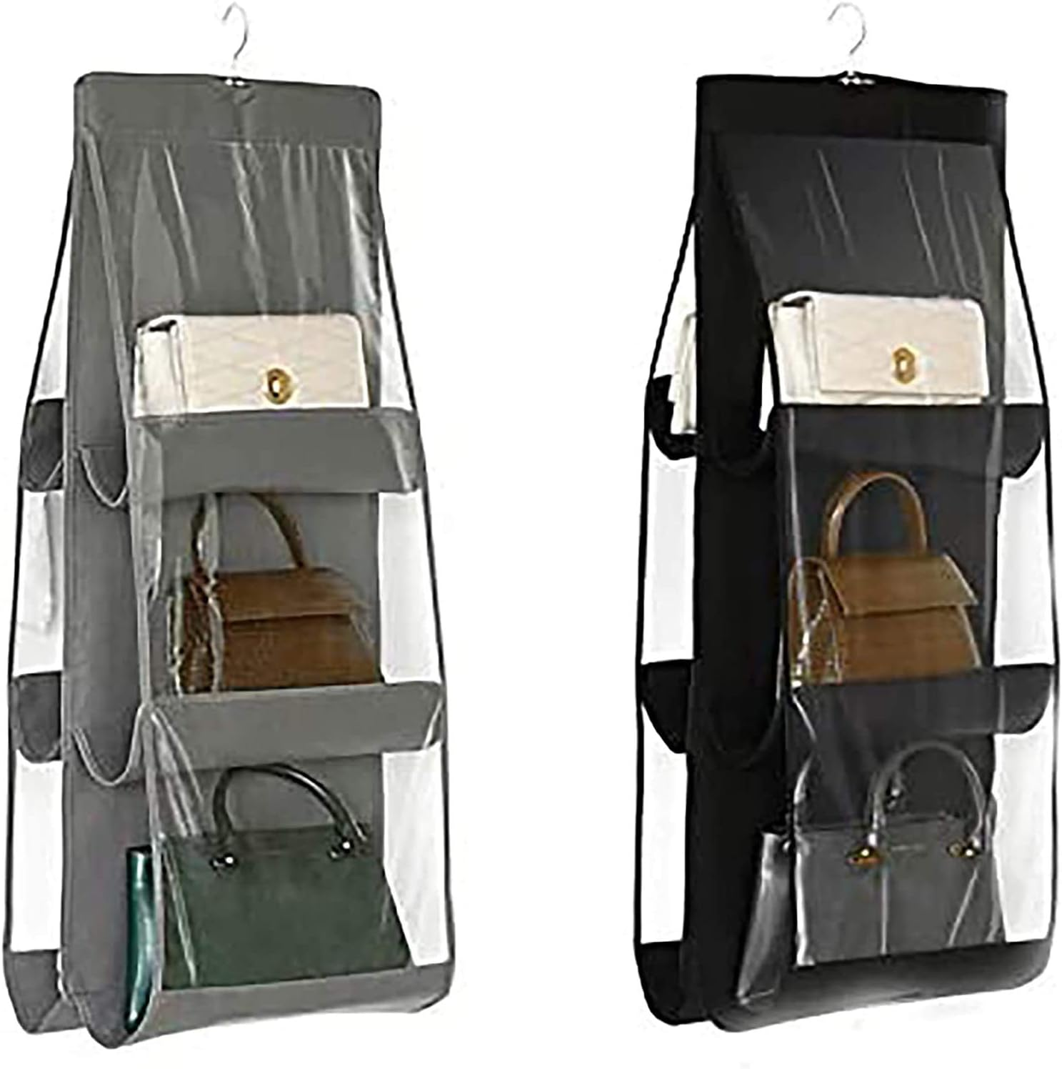 MICOKAY Hanging Closet Organizer, 2 Pcs 6 Pockets Hanging Handbag Purse Organizer for Family Closet Bedroom, Foldable and Universal (Black&Grey) image number 4