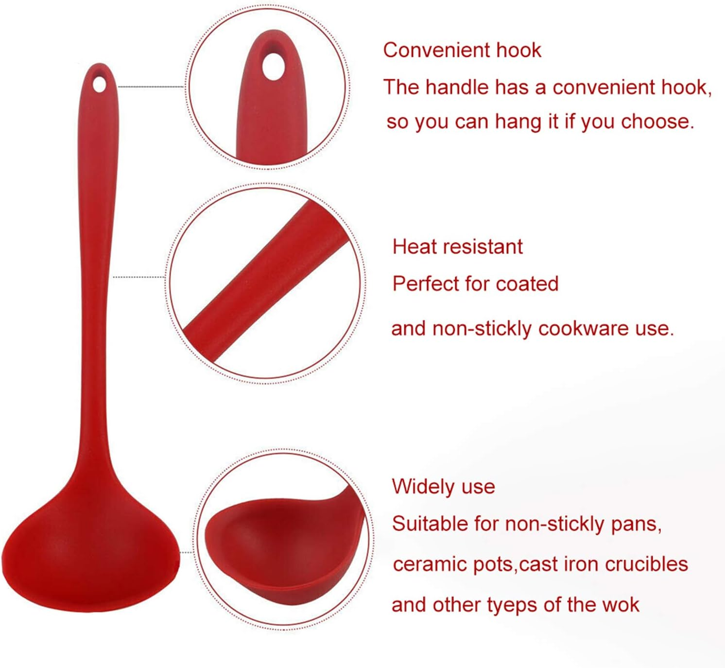 Silicone Ladle Soup Spoon Set of 2, Nonstick Heat Resistant Long Handle Unbreakable Big round Scoop for Home Kitchen Cooking,Red and Black image number 5