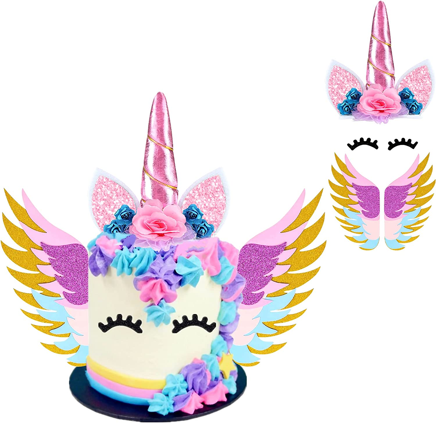 Jevenis Unicorn Cake Decoration Unicorn Horn Eyelashes Wings Kit for Unicorn Cake Topper Rainbow Party Decoration image number 1
