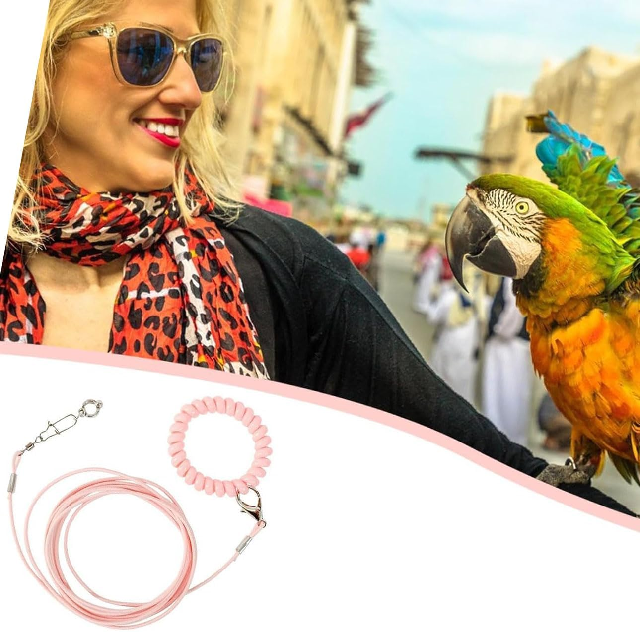 Bird Training Rope with Ankle Ring, Adjustable Harness, Biting-Resistant Toy with Ankle Foot Ring, Bird Pet Outdoor Flying Training Rope for Terrace (Pink)