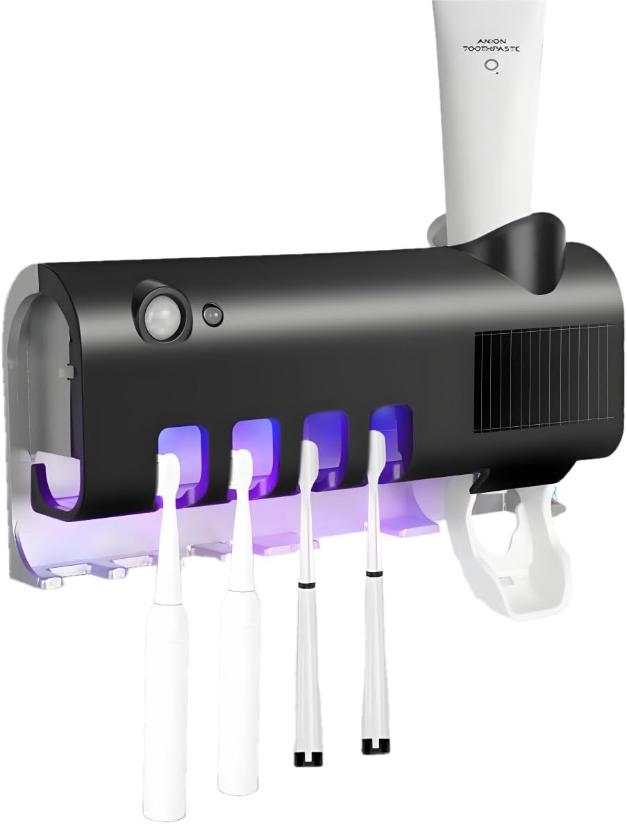 UV Toothbrush Holder,Uv Toothbrush Sanitizer,Uv Toothbrush Sterilizer,Toothbrush Case,Wall Mounted,With Toothpaste Dispenser,Sensor,Rechargeable and Solar Powered,Work in Dark (White)