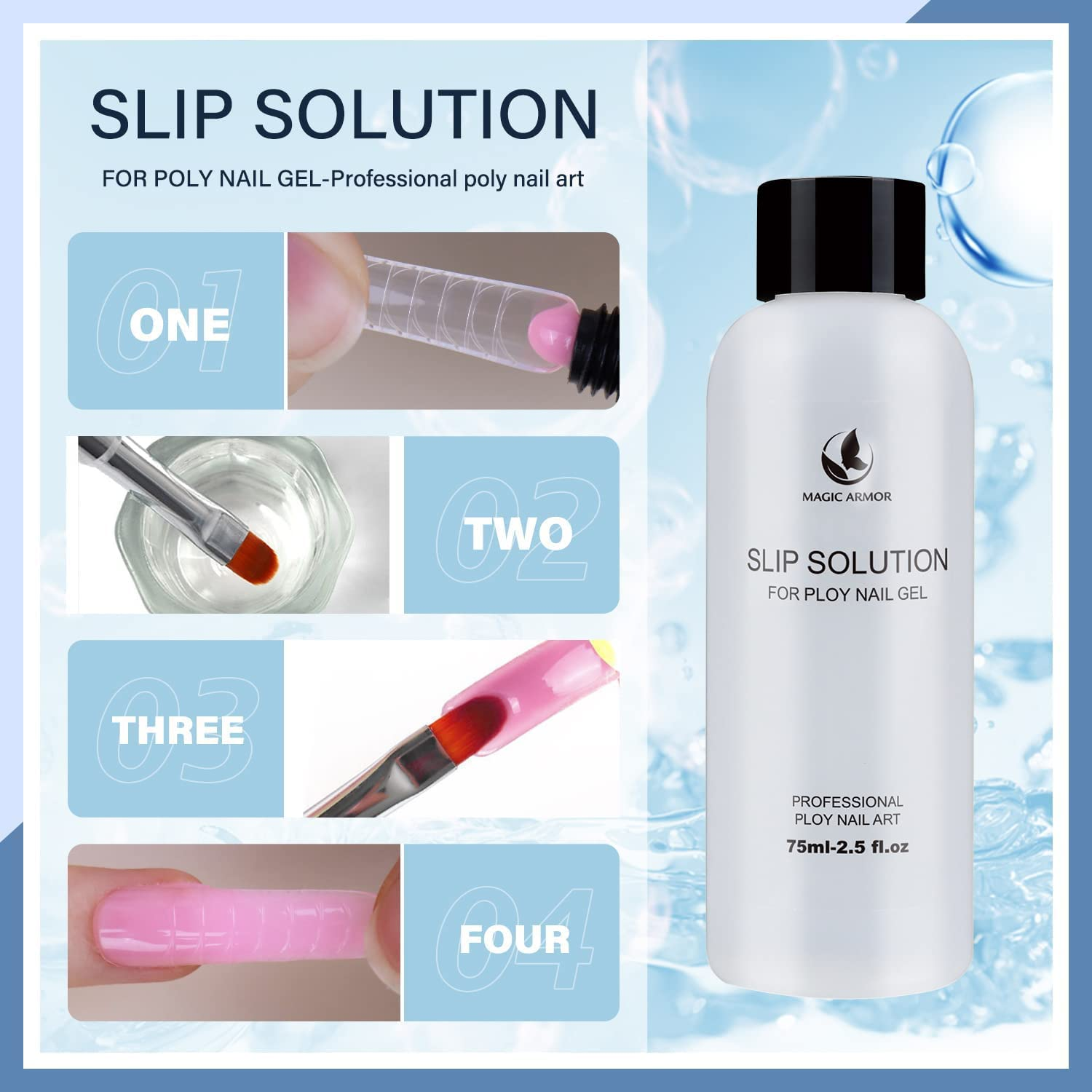 MAGIC ARMOR Poly Ge Slip Solution 150Ml Kit Nail Extension Liquid Solution Anti-Stick Poly Gel Slip Solutions for Poly Nail Gel with Nail Art Brush Starter Kit for Nail Gel Liquid Extension DIY Nail (Slip Solution-150Ml) image number 6