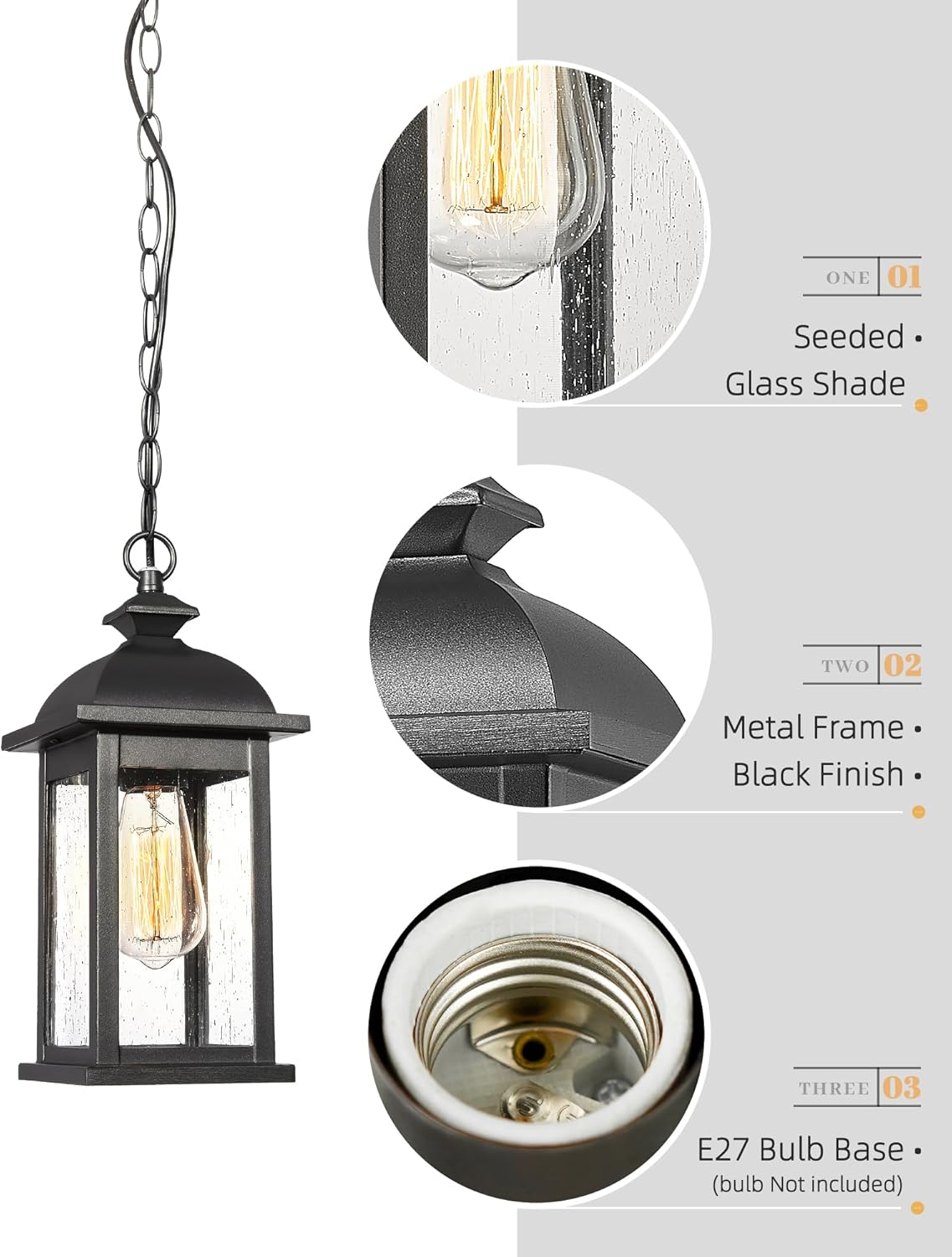 EMLIVIAR Outdoor Pendant Lights for Porch, Exterior Hanging Latern Outdoor Hanging Light Fixture, Black Finish with Seeded Glass, AUD03H BK image number 5