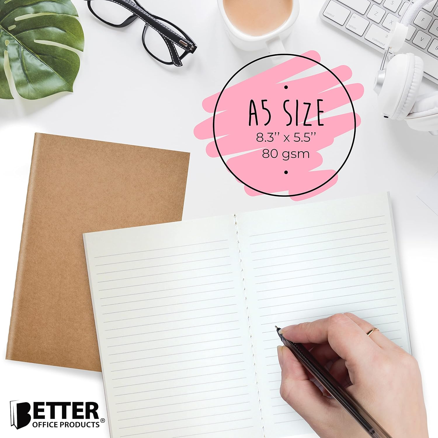 Better Office Products Kraft Notebooks Lined Paper, Bulk Pack 8.3 in X 5.5 In, A5 Size, 60 Lined Ivory Pages, 80 Gsm, Soft Cover Composition Notebooks, Stitched Spines, Kraft Travel Journals image number 2
