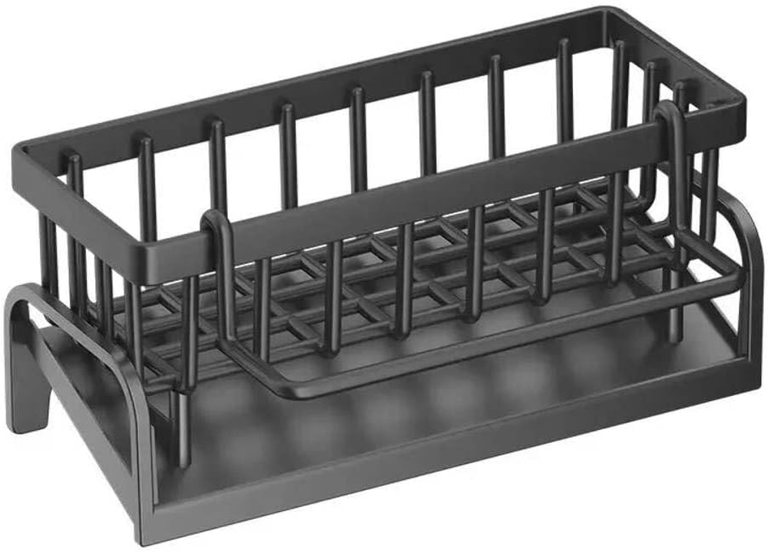 Carbon Steel Kitchen Sink Organizer with Self-Draining Drainage Tray, Sponge Holder, Towel & Mop Holder, Black Kitchen Organizer with Hook, Super Kitchen & Bathroom Accessories