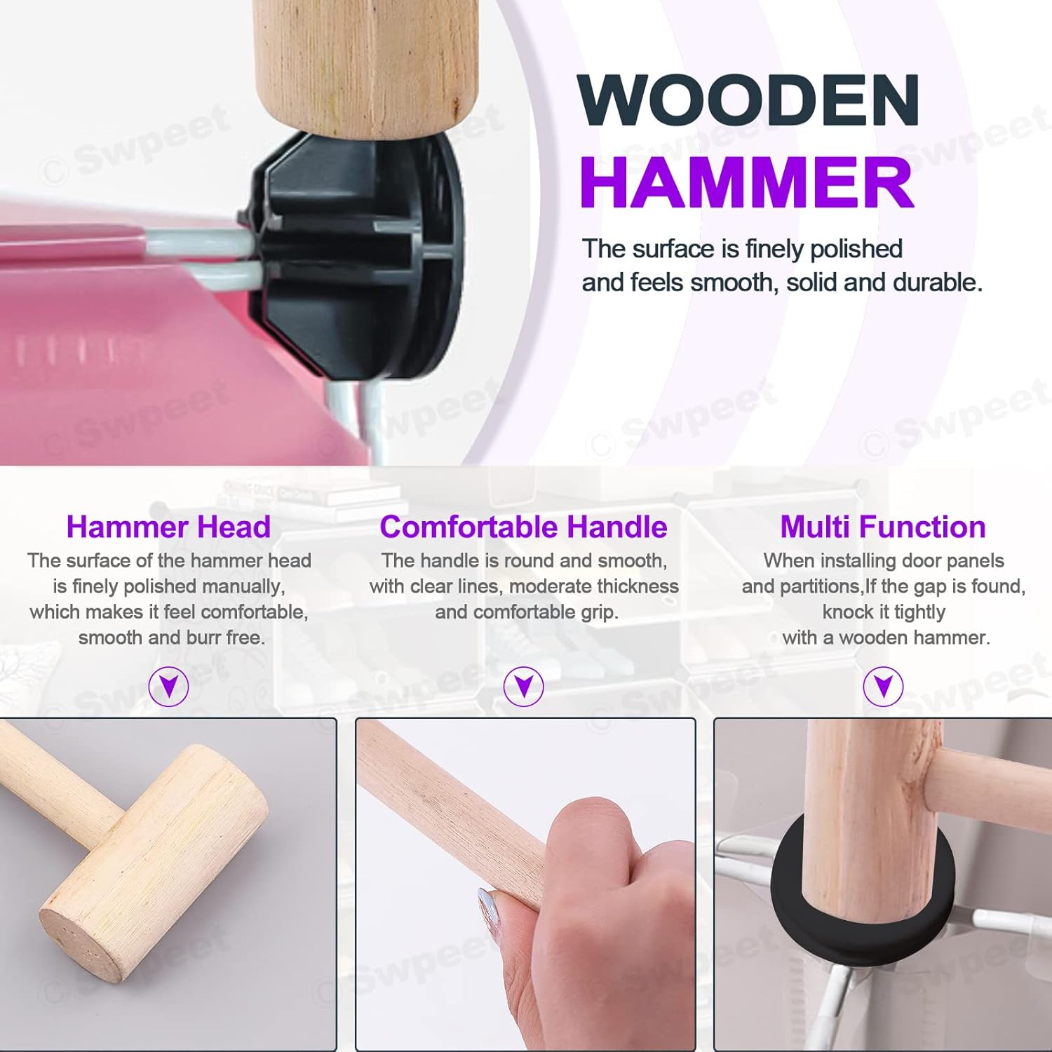 Swpeet 91Pcs 2 Styles Black Cube Plastic Connector with Cable Ties and Wooden Mallet Assortment Kit, Cube round and Right Angle Organizer Connector Wire Grid Heavy Duty Zip Ties for Shelving image number 5