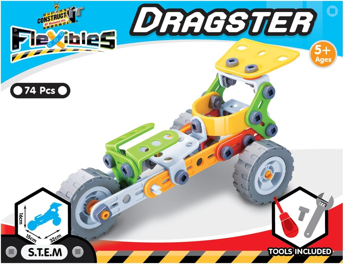 Construct IT Flexibles Dragster Building Set with Tools Included - 74 Pieces Toy Drag Race Car Construction Set - STEM Toys for 5+ Year Olds - Build Your Own Toy Drag Race Car image number 4