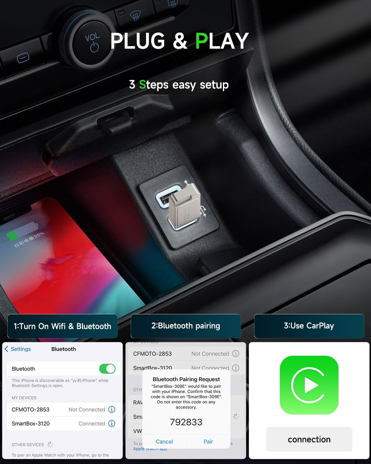 Wierless Carplay Adapter, Spedal CL321 Carplay Dongle - Fast Pairing, Auto Reconnect, Mini Metal Design with USB A-C Adapter, Compatible with Iphone 6+ and Cars from 2016+ image number 5